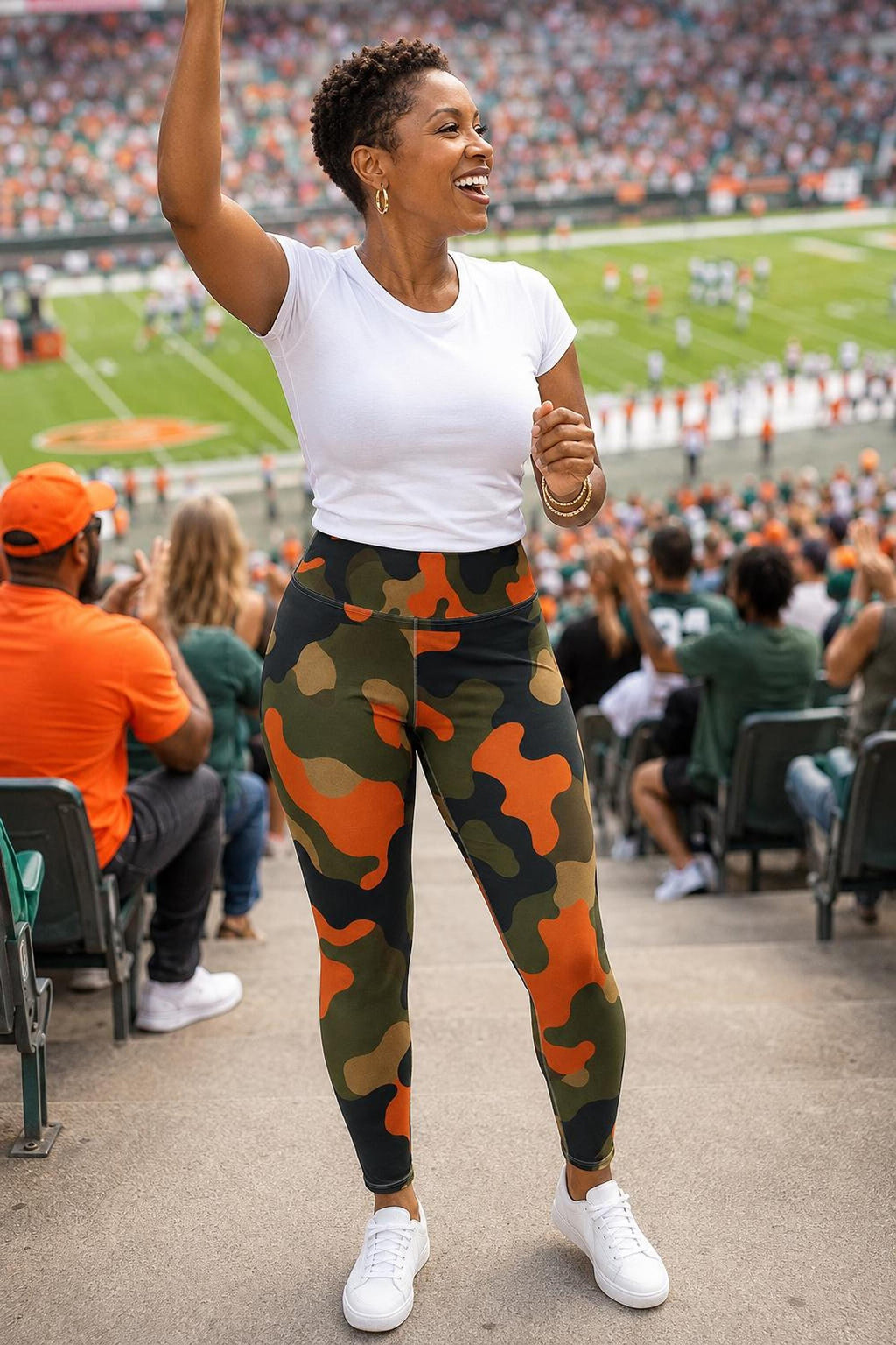 Coolkid Camo Curvy Game Day Leggings, Orange And Green Camo High-Waist Microfiber Activewear