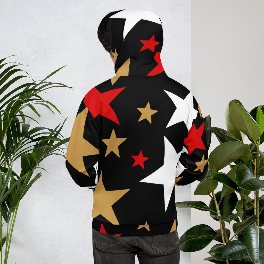 GO APE - Black Gold Red Star Hoodie | Unisex All-Over Print Fleece Hoodie | Bold Statement Streetwear