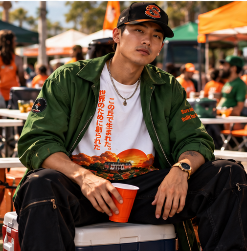 A man sitting outdoors at a market or festival, wearing a green bomber jacket over a white graphic T-shirt with Japanese text and a sunset landscape print, black pants, and a black cap.