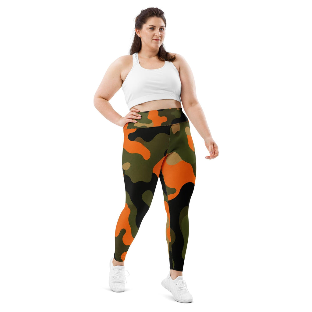 Coolkid Camo Curvy Game Day Leggings, Orange And Green Camo High-Waist Microfiber Activewear