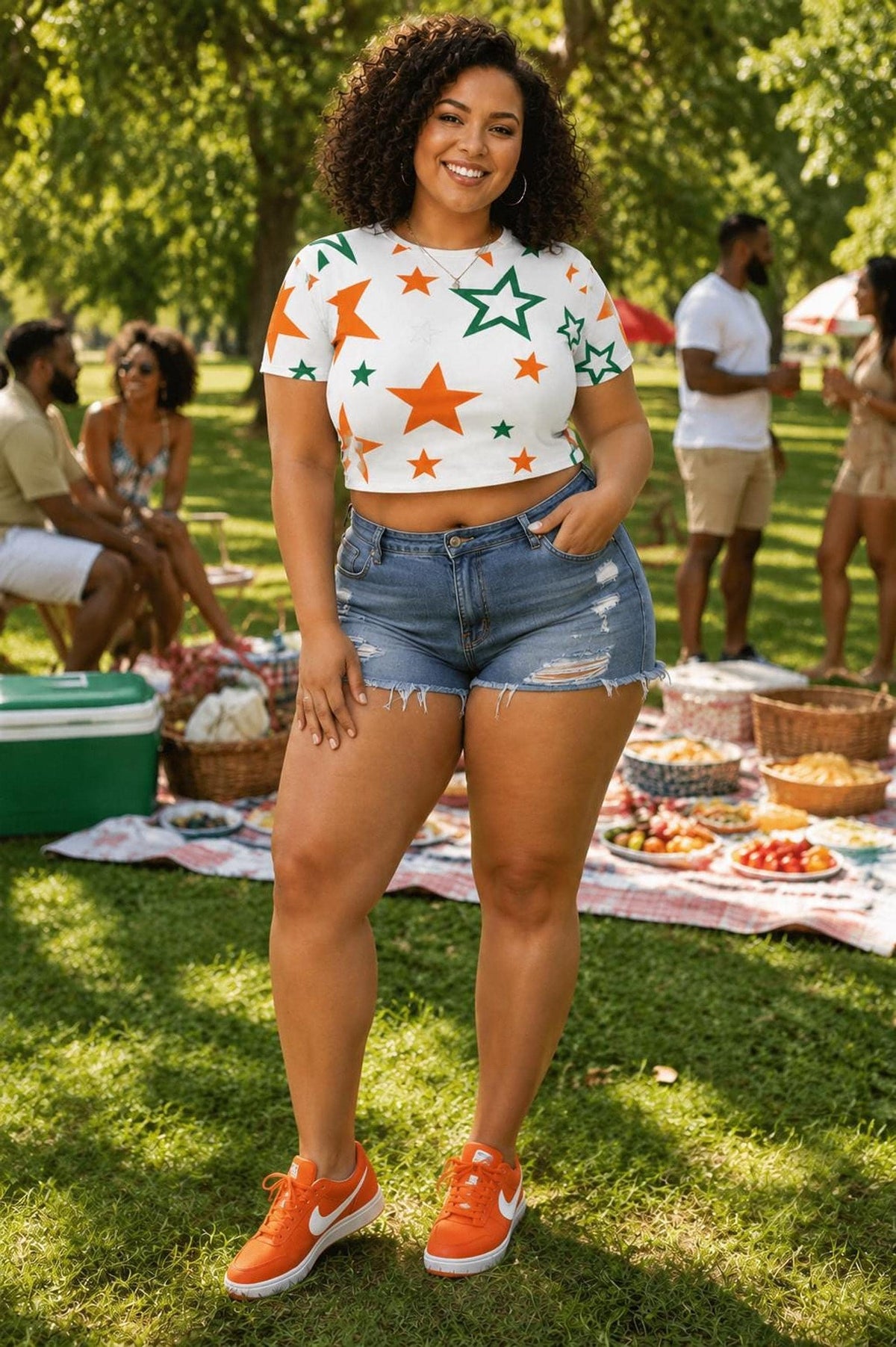SUPERSTAR - White,  Crop Top, Orange & Green All-Over Print , Game Day