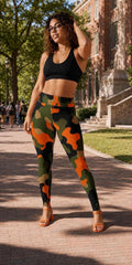 Coolkid Camo Game Day Slim Fit Leggings — Orange & Green | High-Waist Microfiber Four-Way Stretch Activewear
