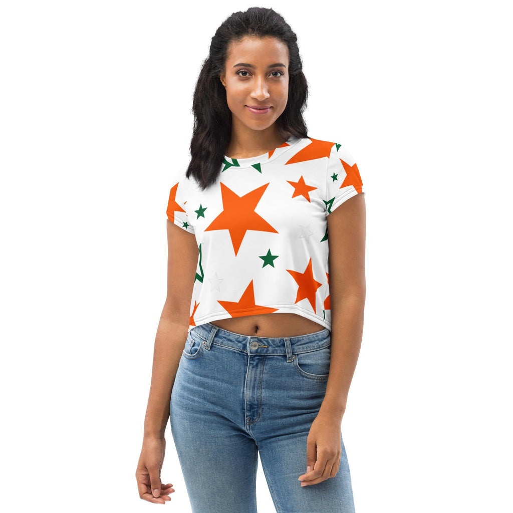 SUPERSTAR - White,  Crop Top, Orange & Green All-Over Print , Game Day