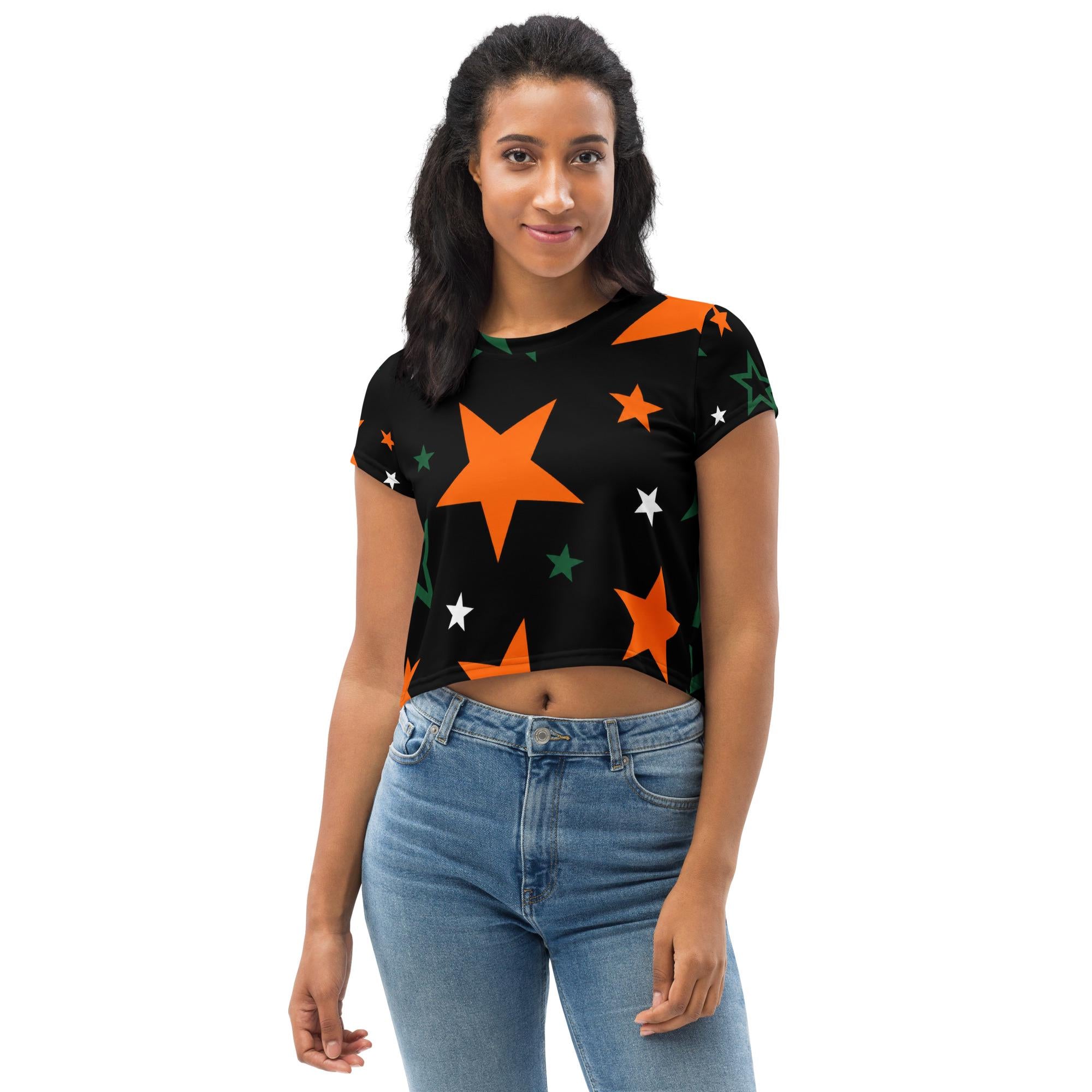 SuperStar -  Big Star Energy Crop Tee | Black Orange Green Game Day Top