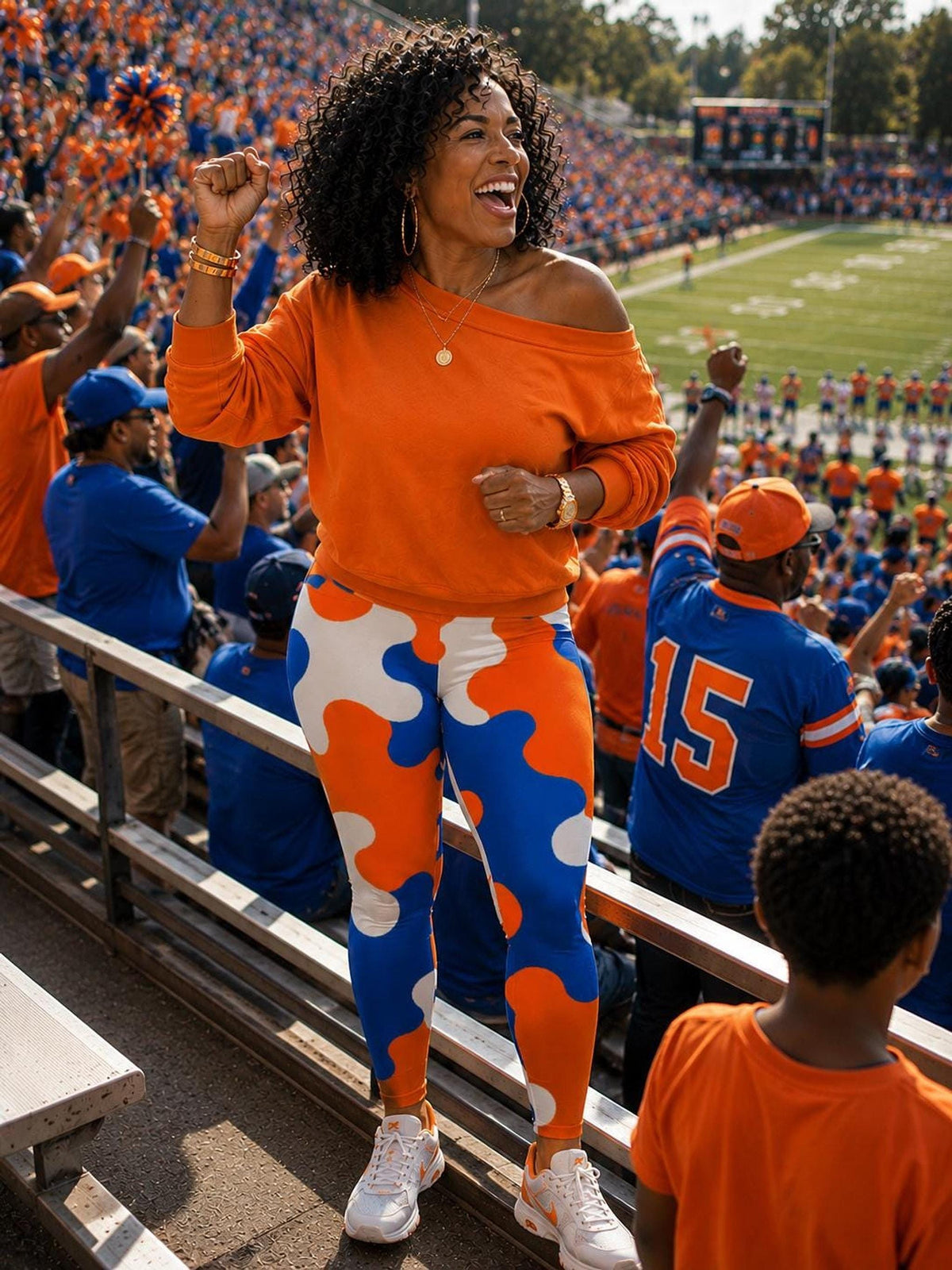 Coolkid Camo Game Day Curvy Leggings — Orange & Blue | High-Waist Curvy Fit, Four-Way Stretch Activewear