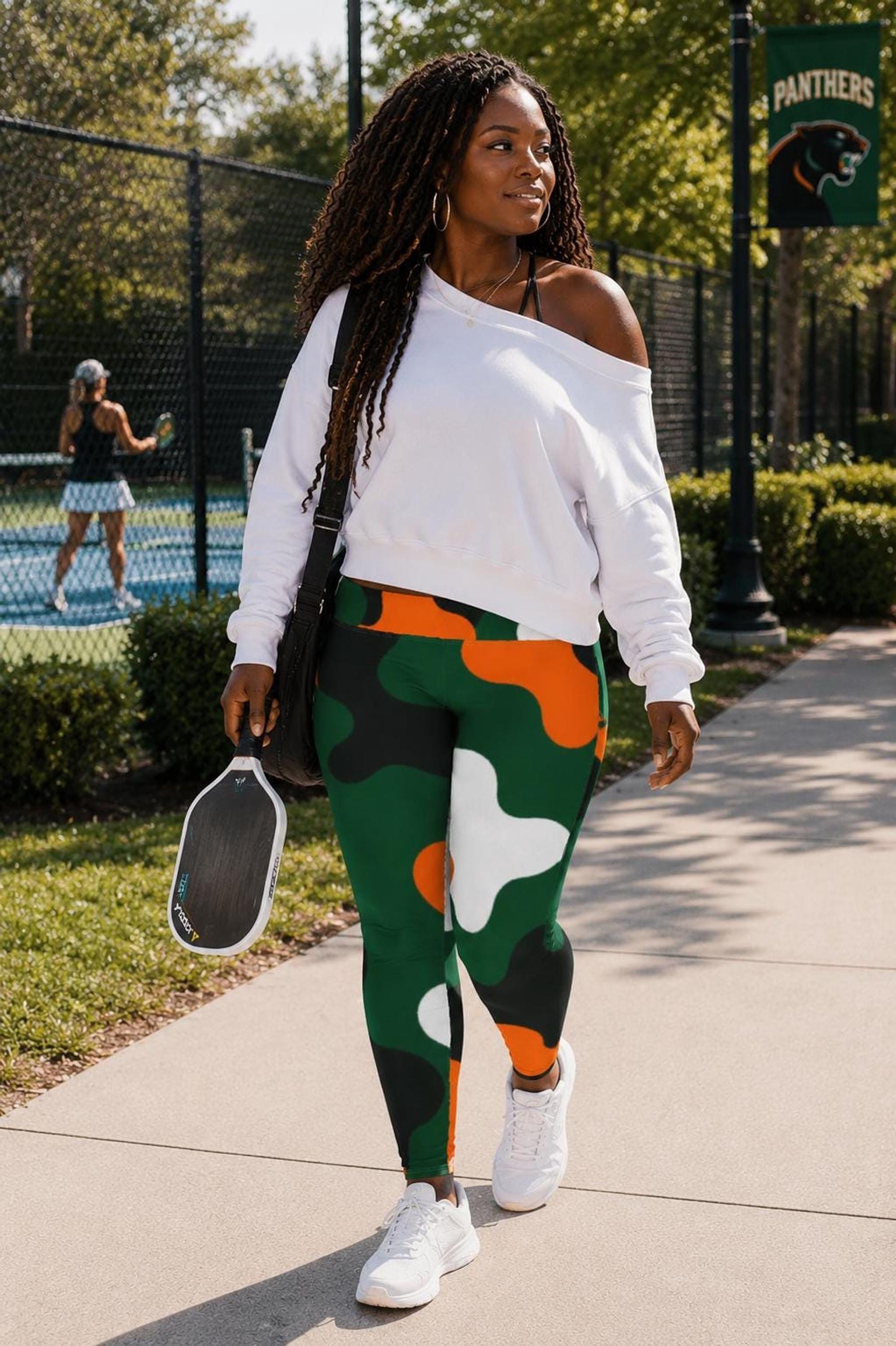 Coco Camo Game Day Curvy Leggings — Green | Four-Way Stretch Curvy Size Activewear, Tailgate Outfit