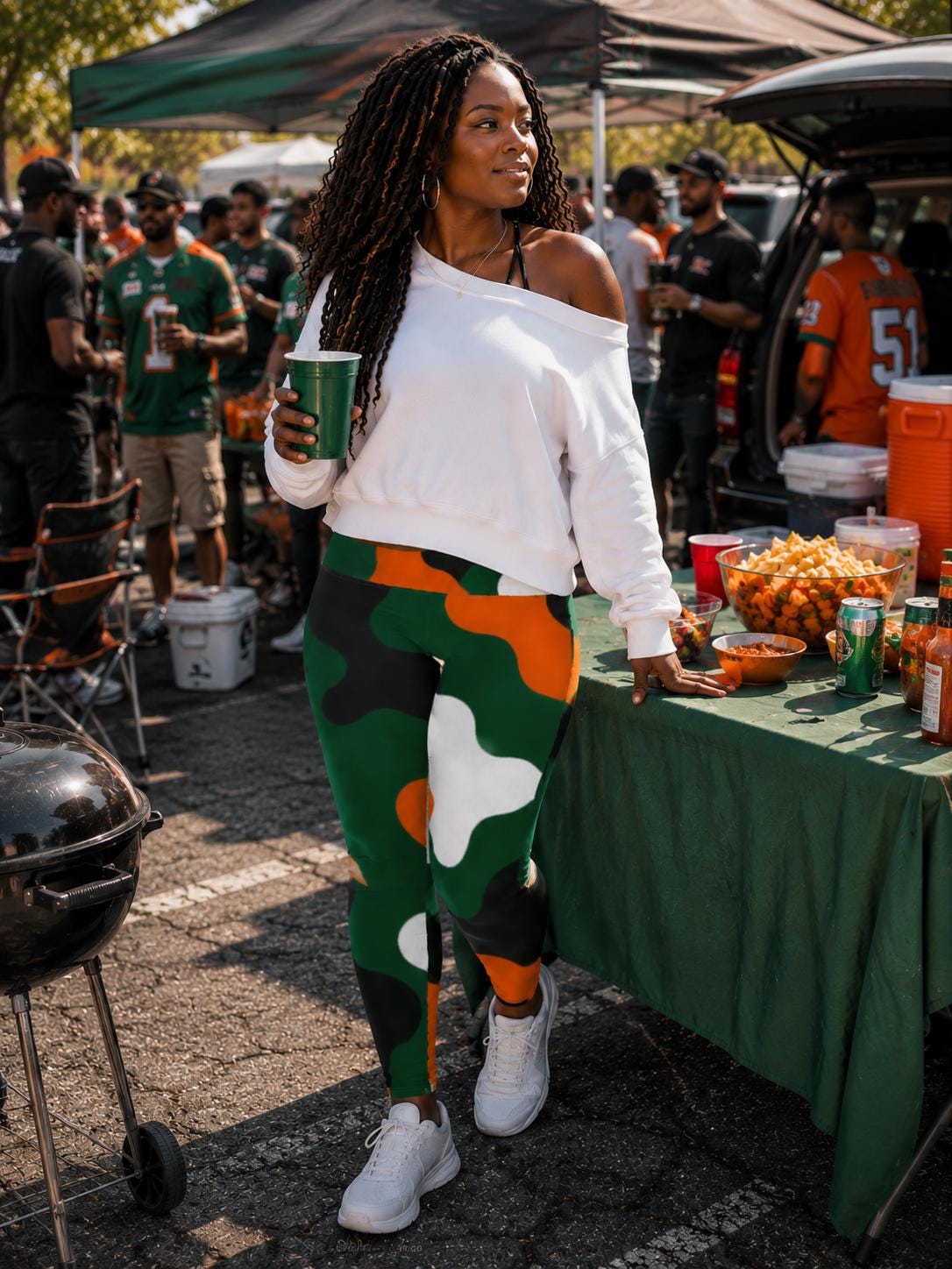Coco Camo Game Day Curvy Leggings — Green | Four-Way Stretch Curvy Size Activewear, Tailgate Outfit