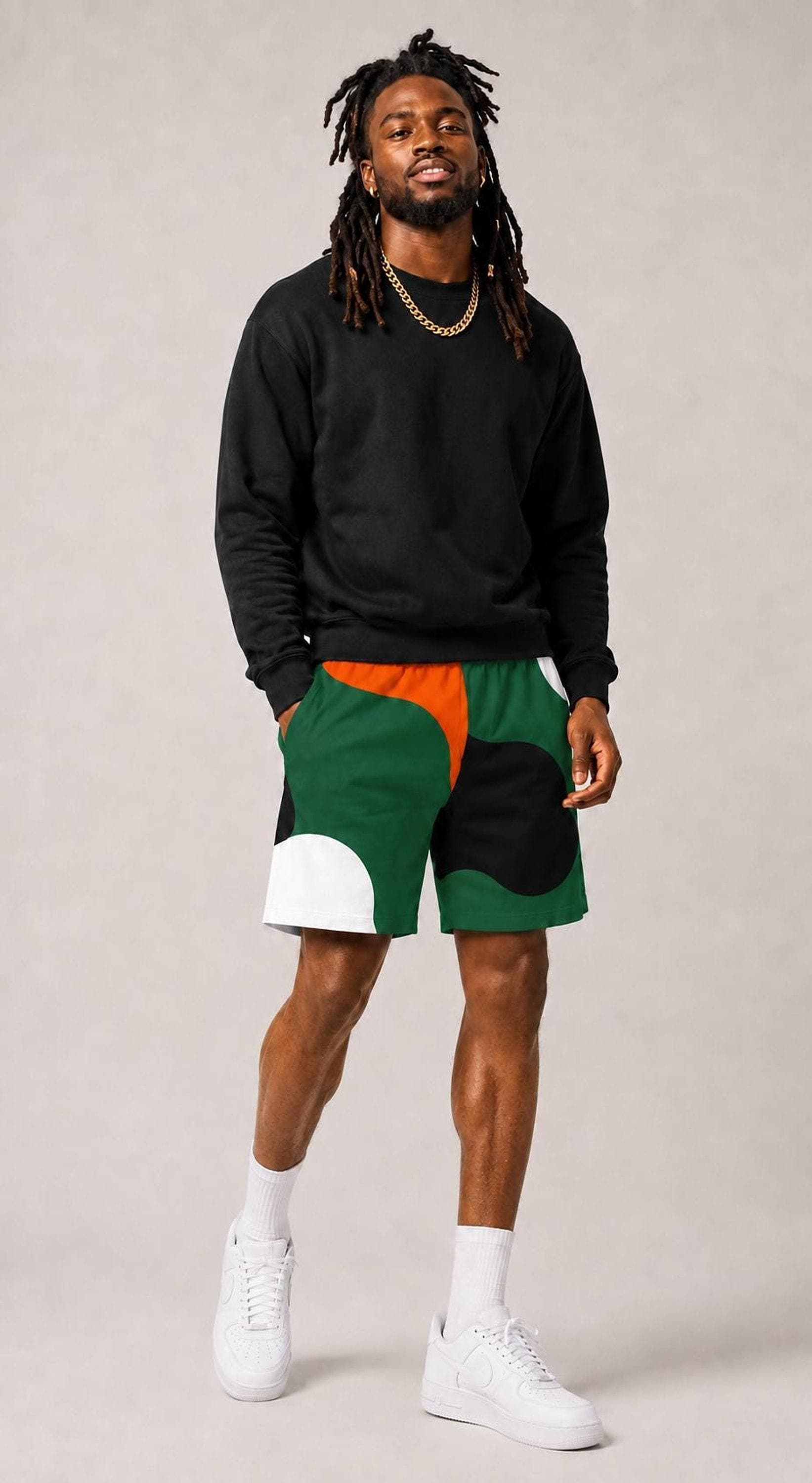 Green Orange Shorts, Abstract 95% Cotton Stretch Unisex Streetwear