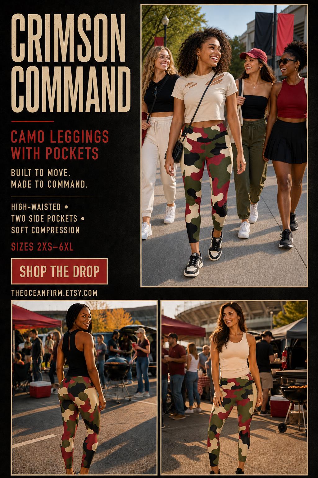 Crimson Command Camo Leggings With Pockets | High-Waisted Game Day Activewear