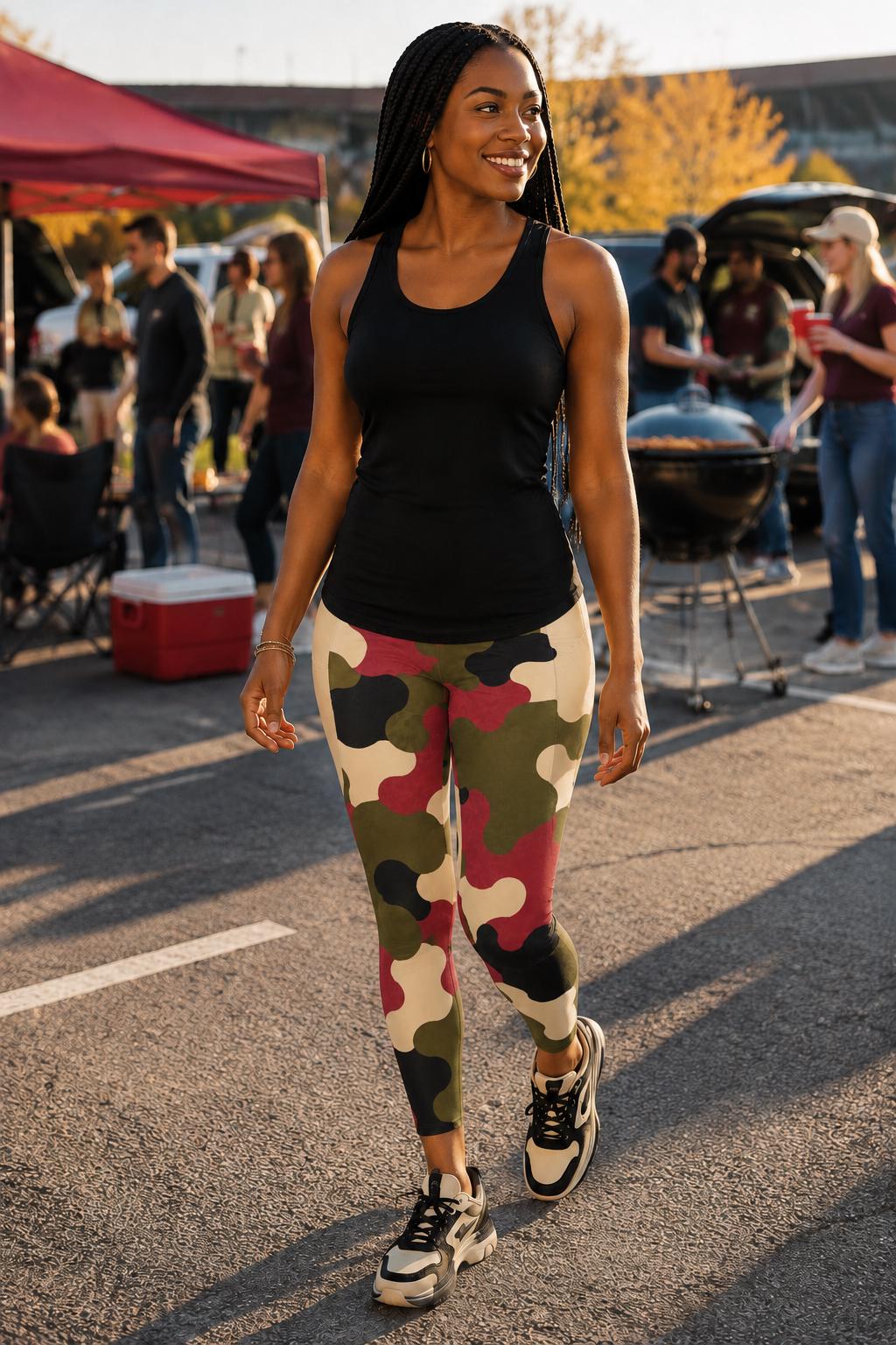 Crimson Command Camo Leggings With Pockets | High-Waisted Game Day Activewear