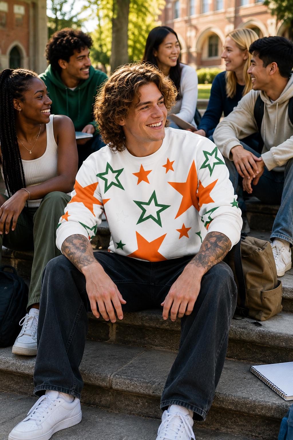 STARBOUND - unisex Sweatshirt, White Oversized Fit with Orange Green All-Over Print