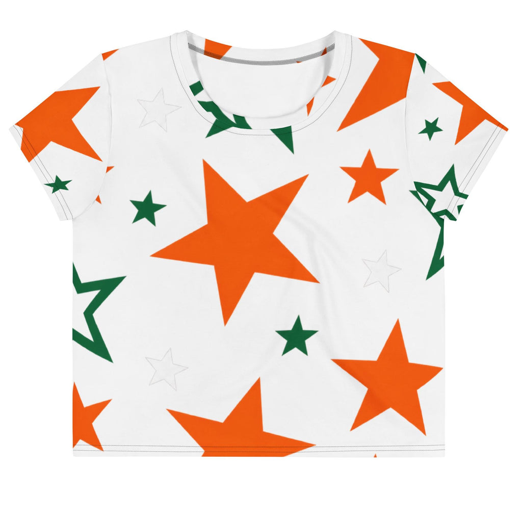 SUPERSTAR - White,  Crop Top, Orange & Green All-Over Print , Game Day
