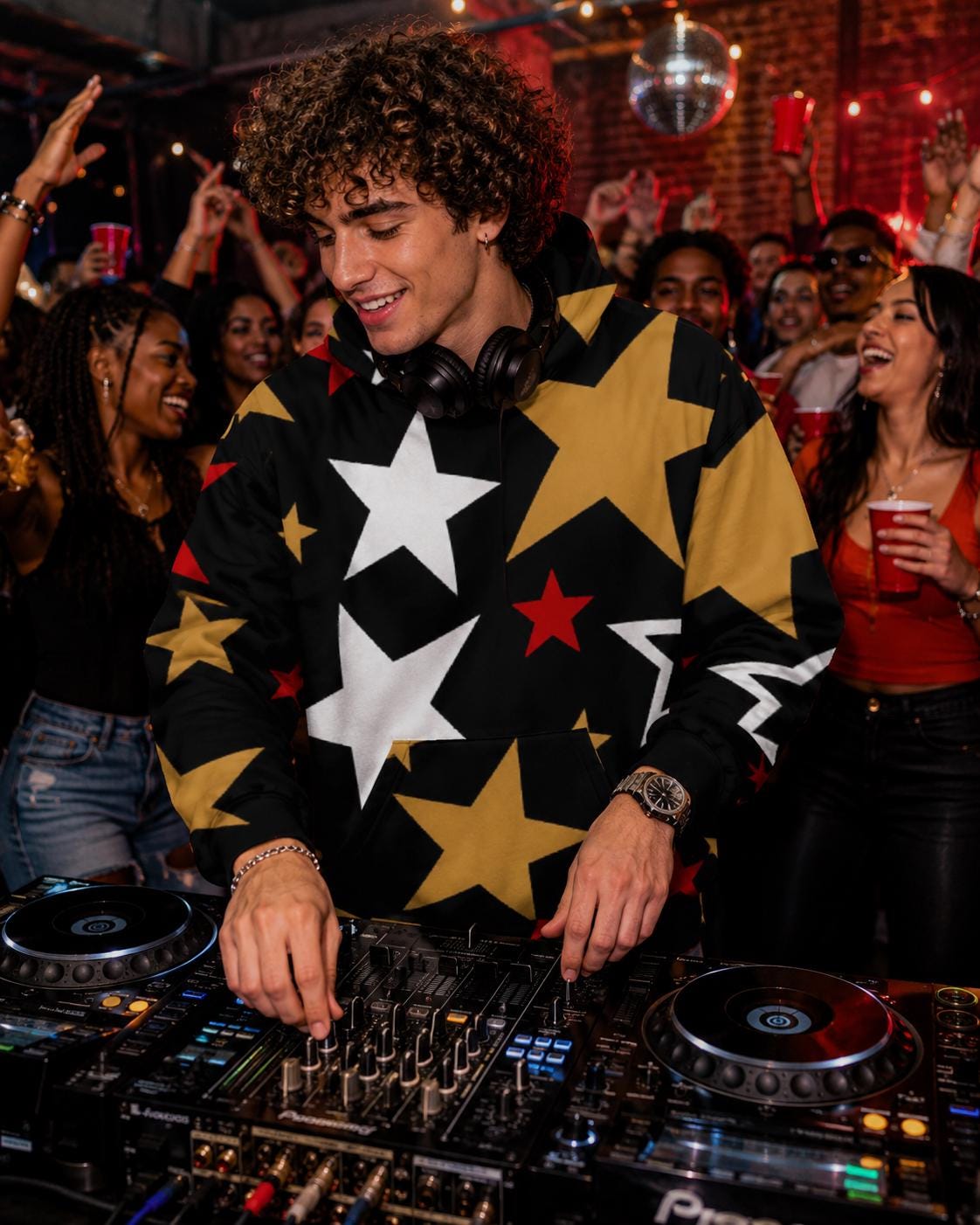 GO APE - Black Gold Red Star Hoodie | Unisex All-Over Print Fleece Hoodie | Bold Statement Streetwear