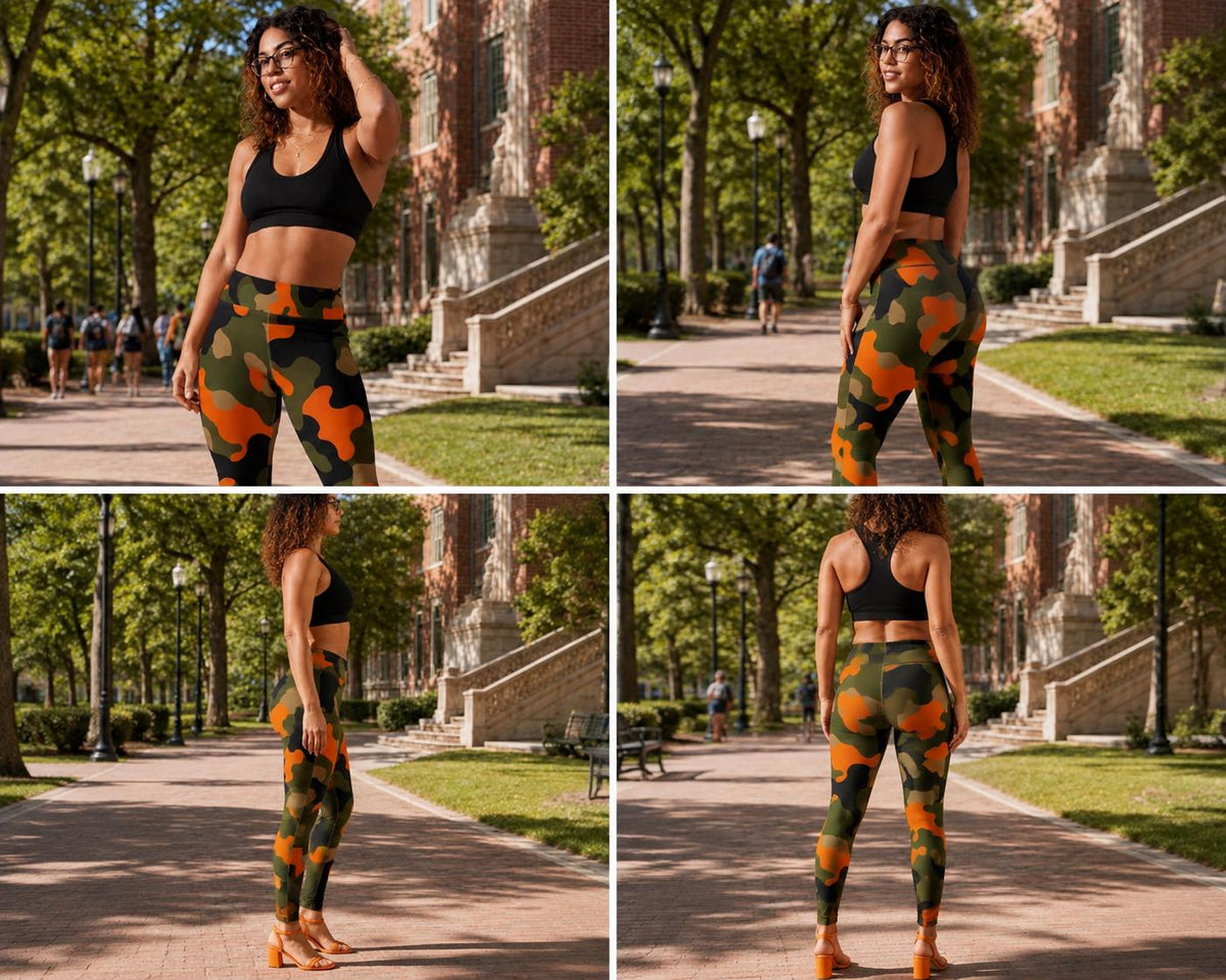 Coolkid Camo Game Day Slim Fit Leggings — Orange & Green | High-Waist Microfiber Four-Way Stretch Activewear