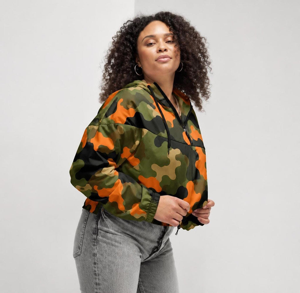 CoolKid Camo Windbreaker, Orange Green Black Print, Water-Resistant 100% Polyester | XS–3XL