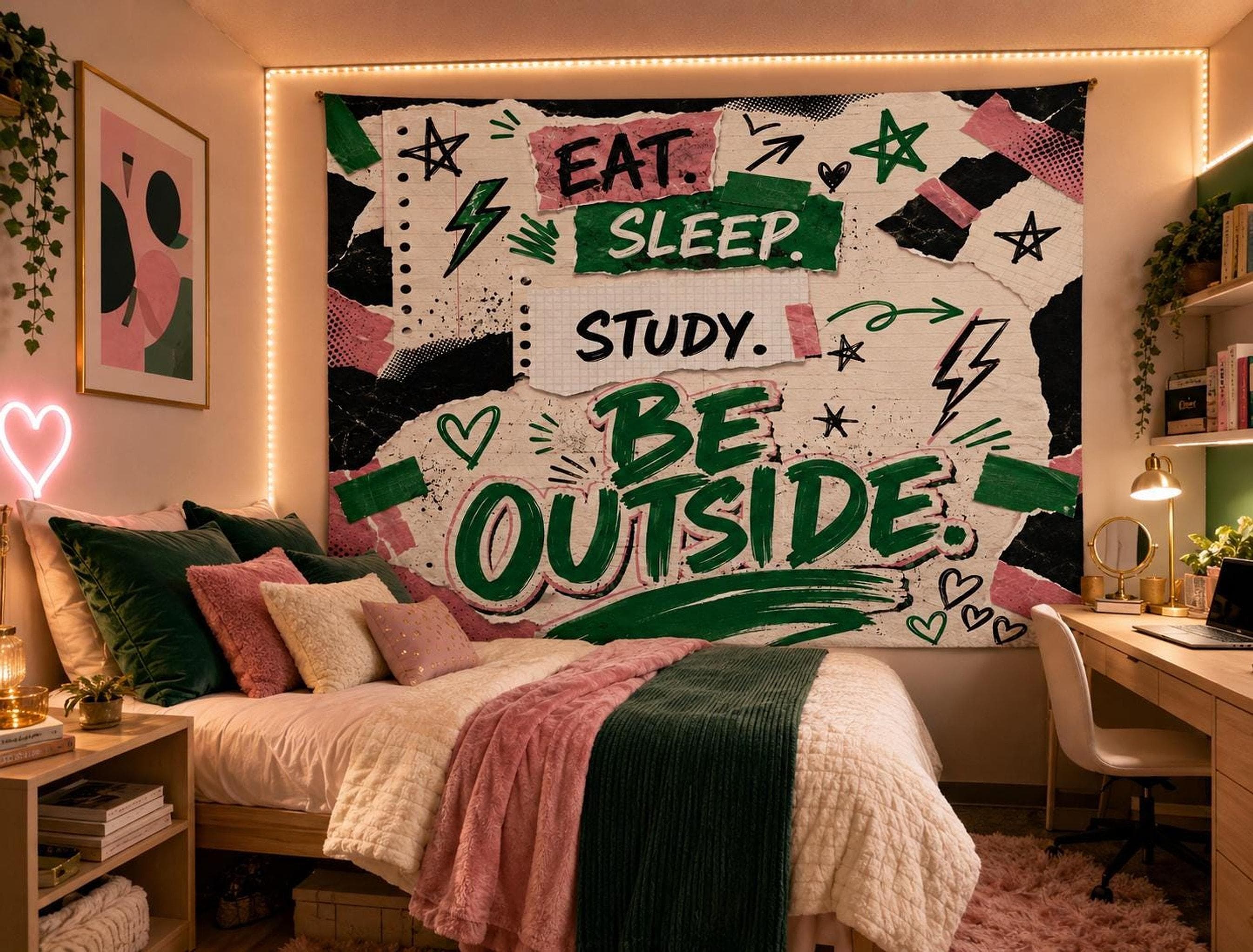 College Girl Gift, Pink Green Collage Blanket | 100% Polyester Throw