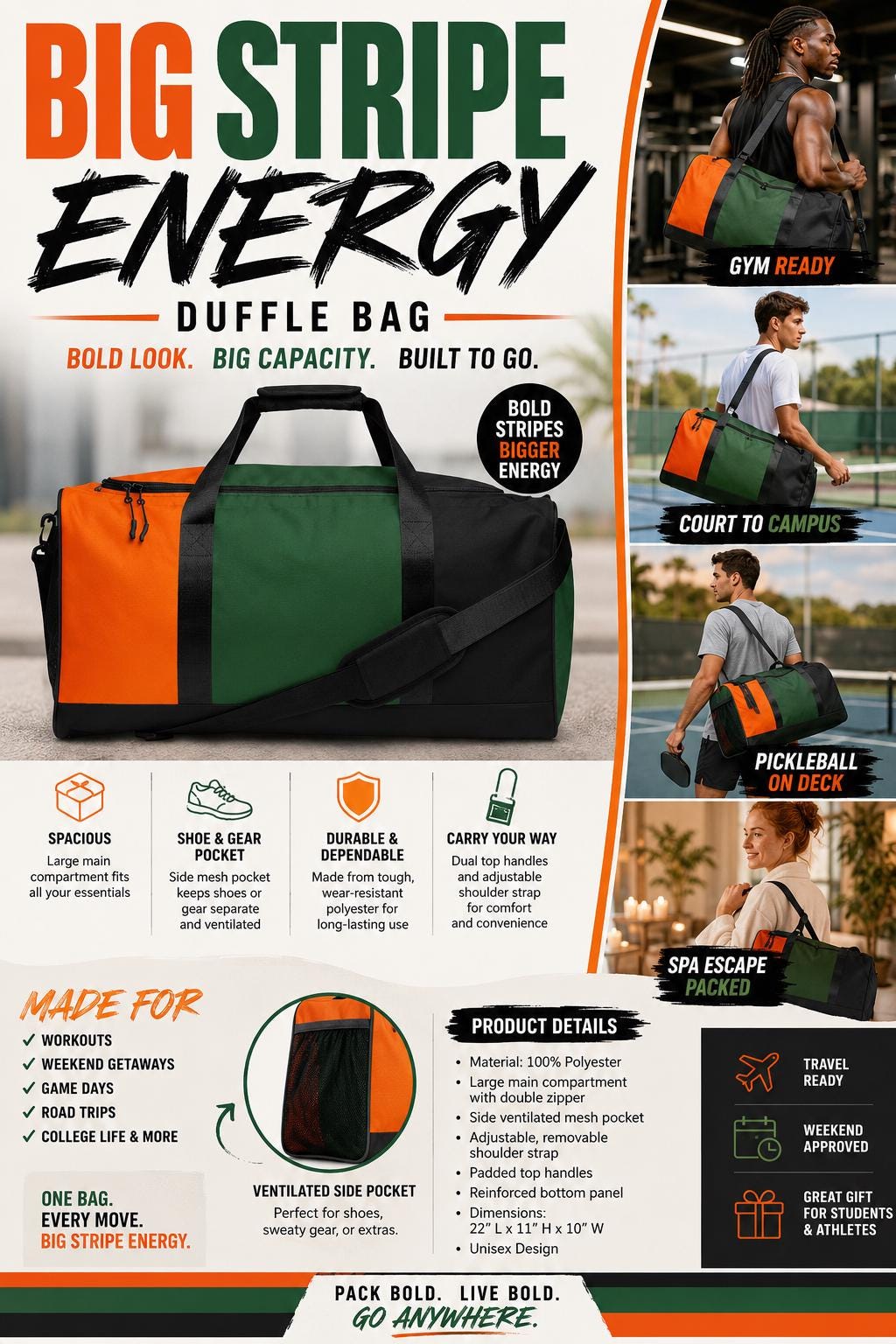 Big Stripe Energy Duffle Bag, Orange Green Black Weekender, Gym Travel Bag, College Game Day Overnight Bag