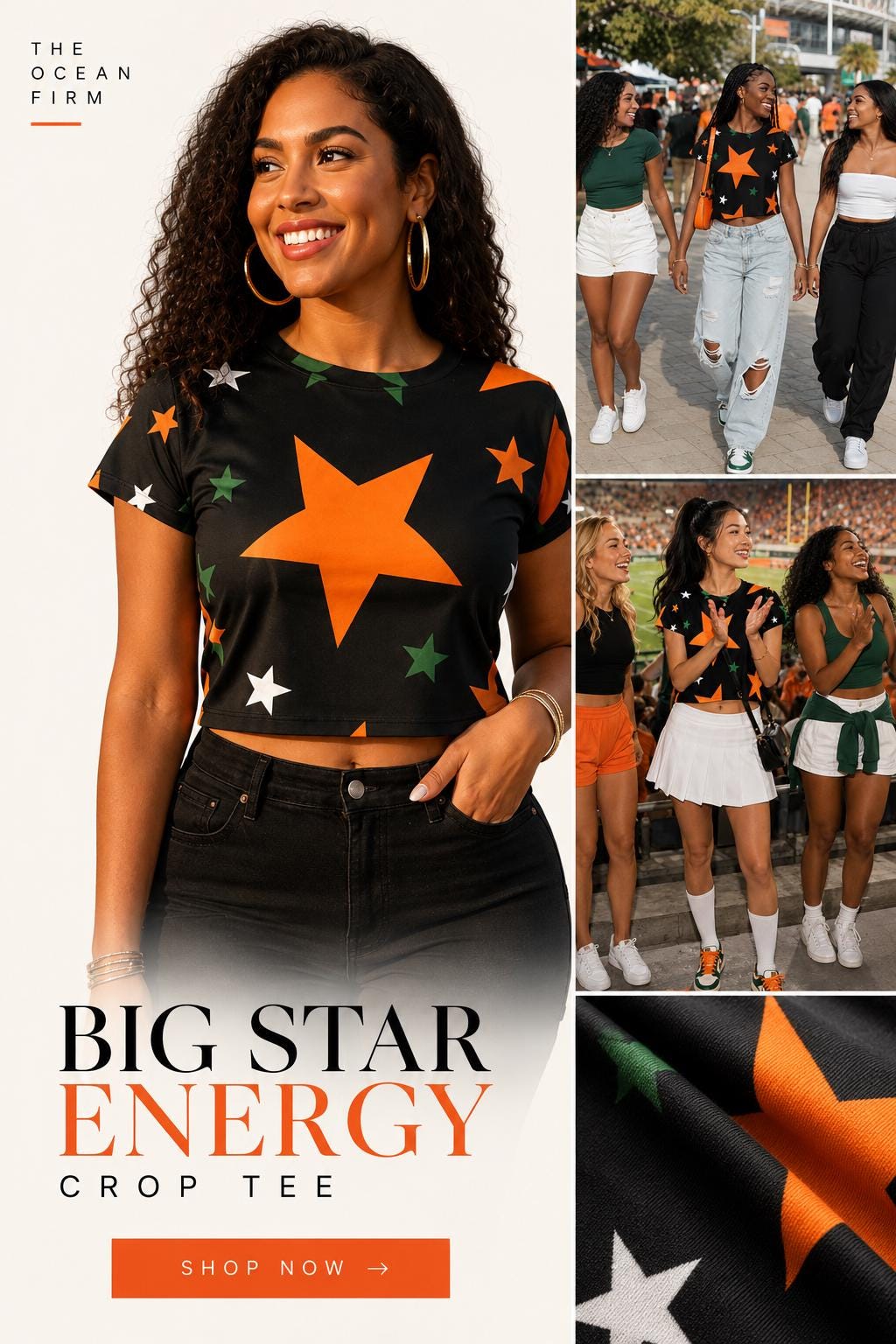 SuperStar -  Big Star Energy Crop Tee | Black Orange Green Game Day Top