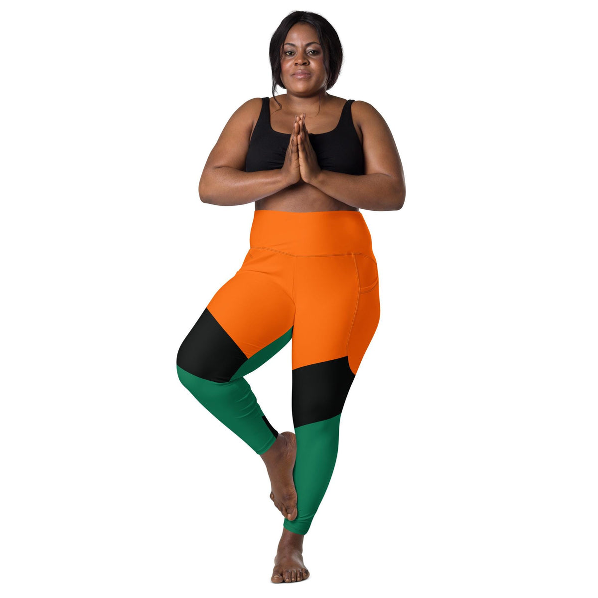 Coolkid Showtime Pocket Leggings, High-Waist Capri Activewear | Orange, Black And Green Color Block