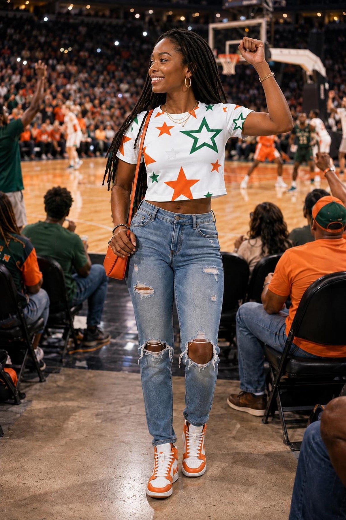 SUPERSTAR - White,  Crop Top, Orange & Green All-Over Print , Game Day