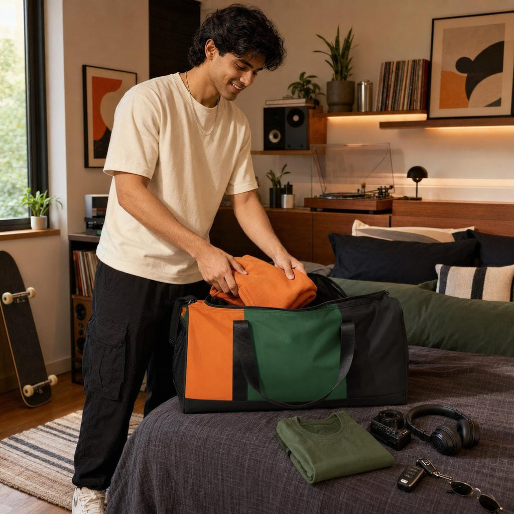 Big Stripe Energy Duffle Bag, Orange Green Black Weekender, Gym Travel Bag, College Game Day Overnight Bag
