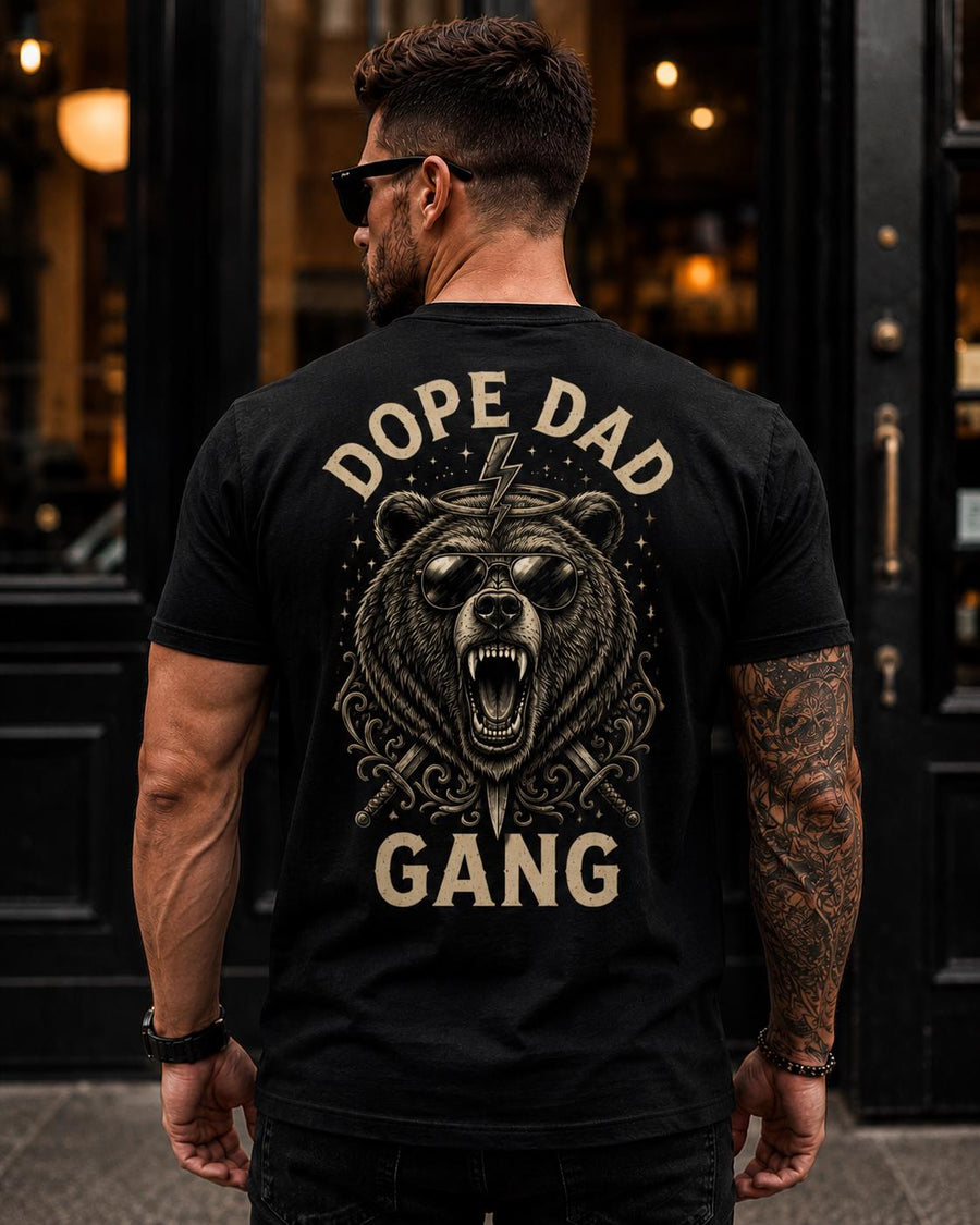 Dope Dad Gang Bear Graphic Tee in Solid Black Triblend – front view