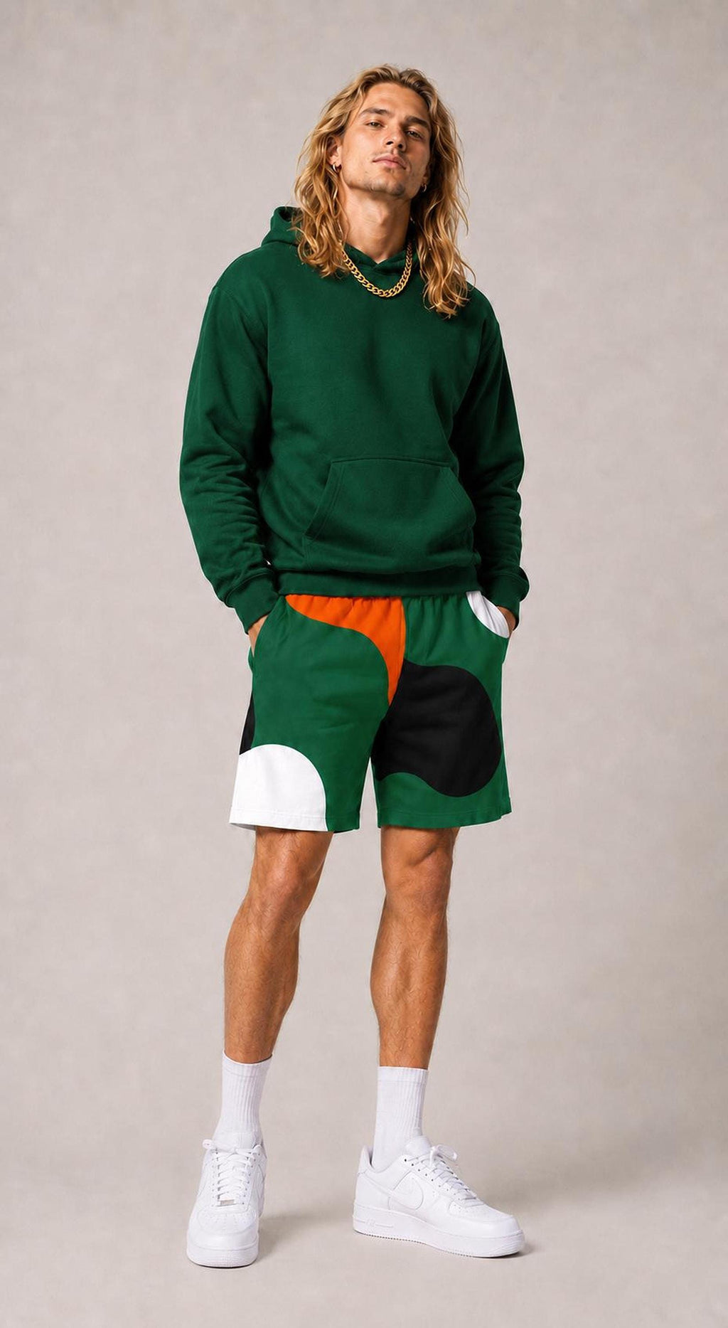 Green Orange Shorts, Abstract 95% Cotton Stretch Unisex Streetwear