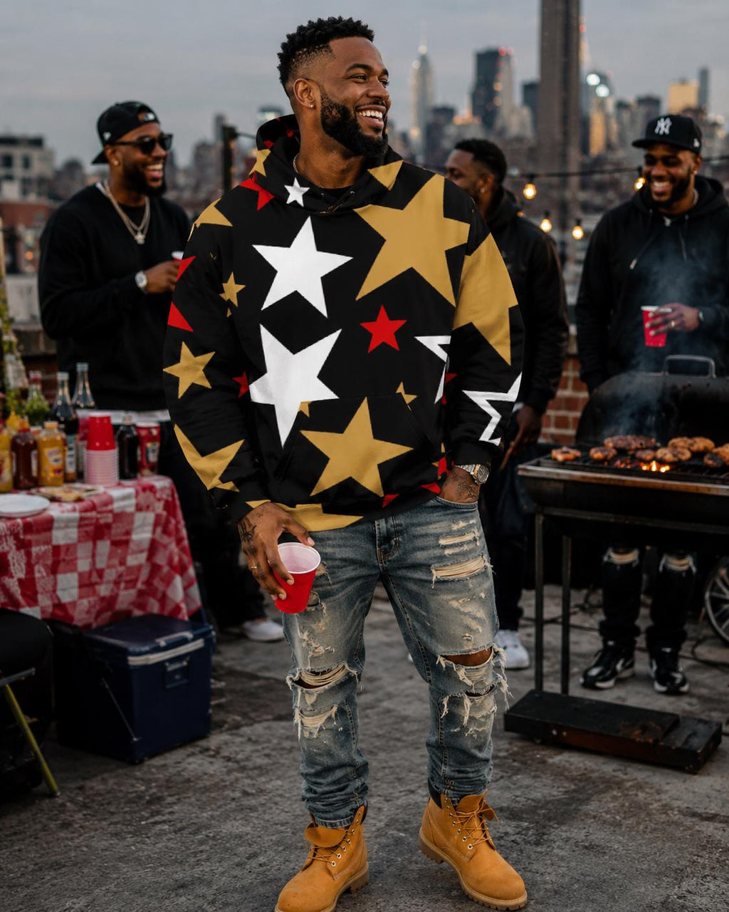 GO APE - Black Gold Red Star Hoodie | Unisex All-Over Print Fleece Hoodie | Bold Statement Streetwear