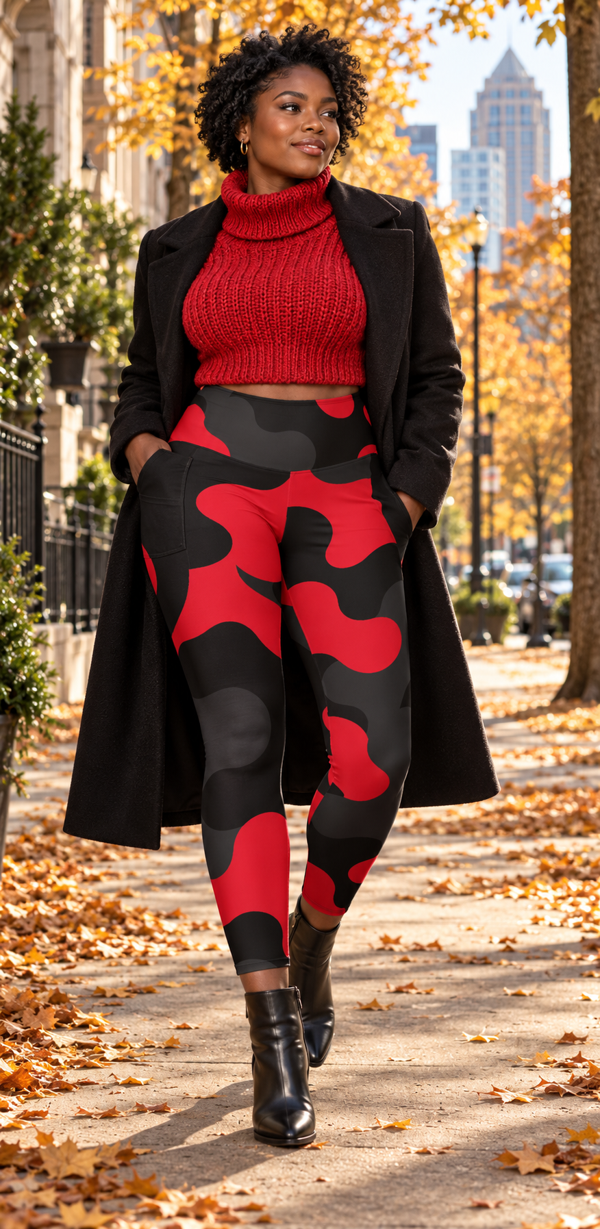 A woman stands on an autumn tree-lined sidewalk wearing a red ribbed turtleneck, a black coat, and black leggings with a bold red and black camouflage pattern, paired with black ankle boots.