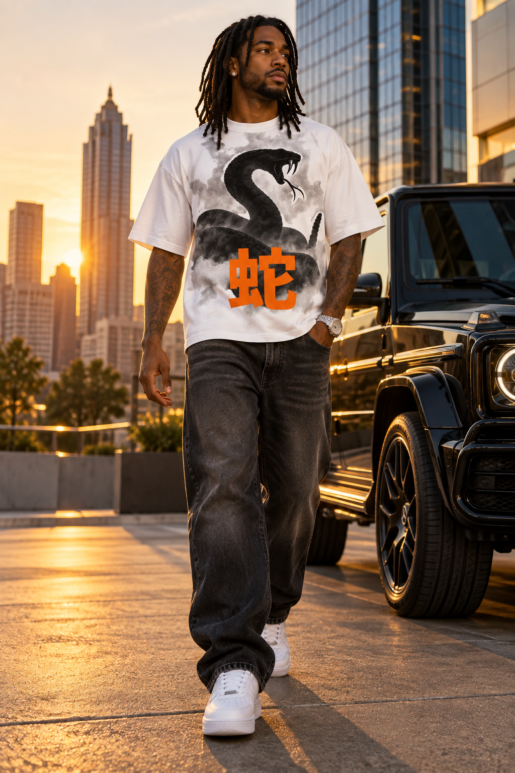 A man walking outdoors in an urban setting at sunset, wearing a white graphic T-shirt with a black snake design and orange Chinese characters, paired with dark gray jeans and white sneakers. A black luxury SUV is parked beside him, with a city skyline in the background.