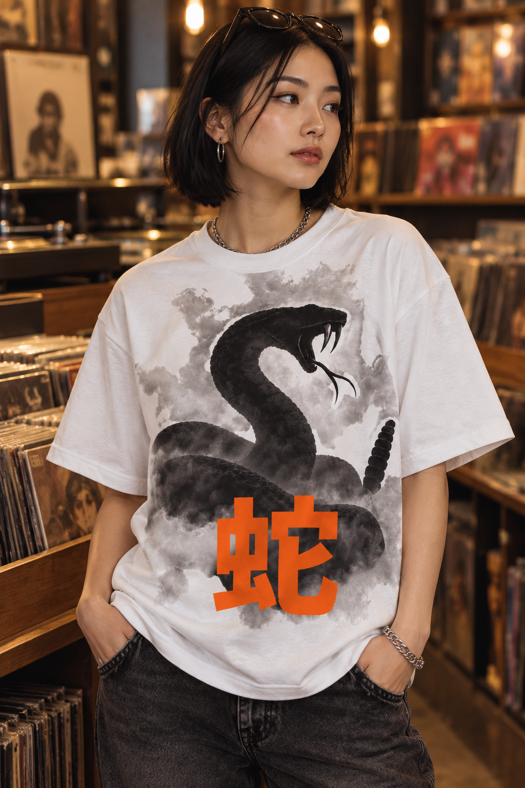 A woman wearing a white graphic t-shirt with a black snake illustration and orange Chinese characters, standing in a record store.
