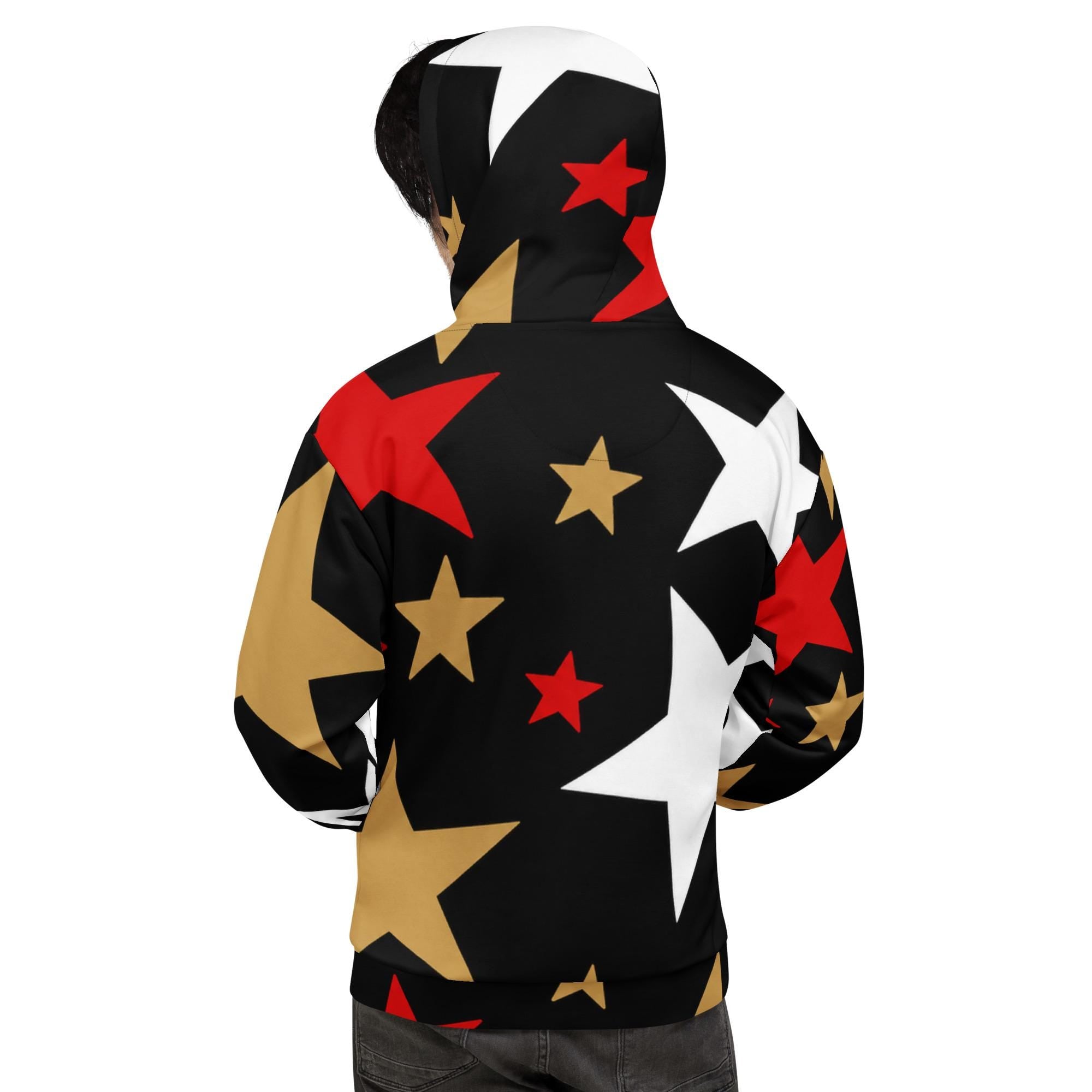 GO APE - Black Gold Red Star Hoodie | Unisex All-Over Print Fleece Hoodie | Bold Statement Streetwear