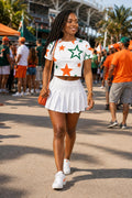 SUPERSTAR - White,  Crop Top, Orange & Green All-Over Print , Game Day