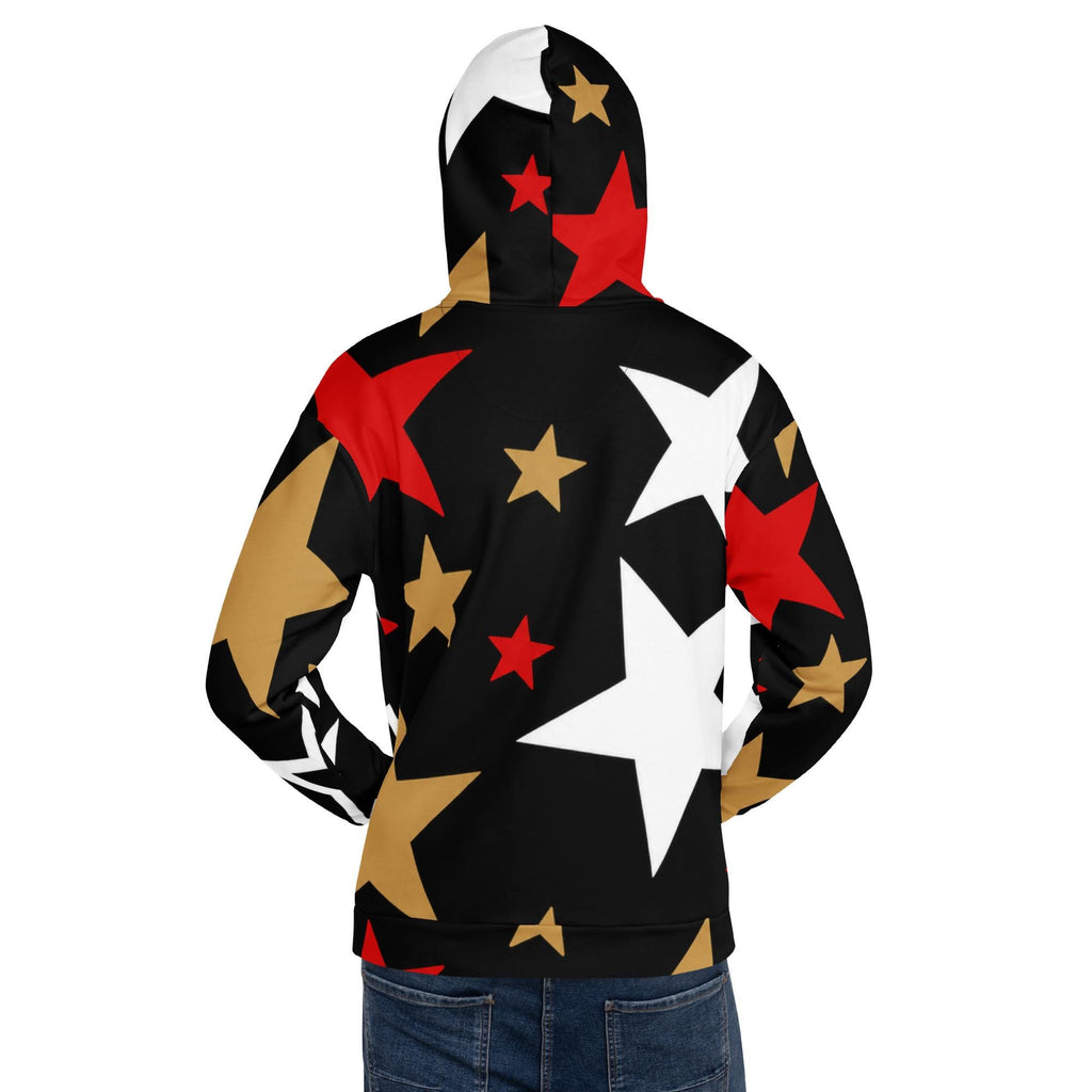 GO APE - Black Gold Red Star Hoodie | Unisex All-Over Print Fleece Hoodie | Bold Statement Streetwear