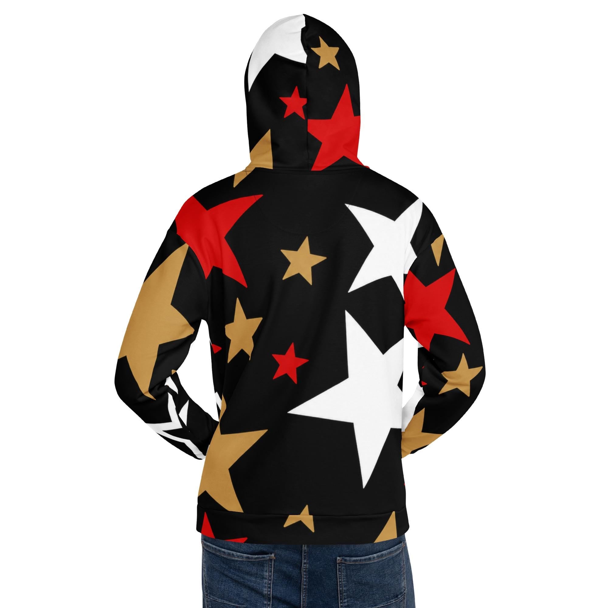 GO APE - Black Gold Red Star Hoodie | Unisex All-Over Print Fleece Hoodie | Bold Statement Streetwear