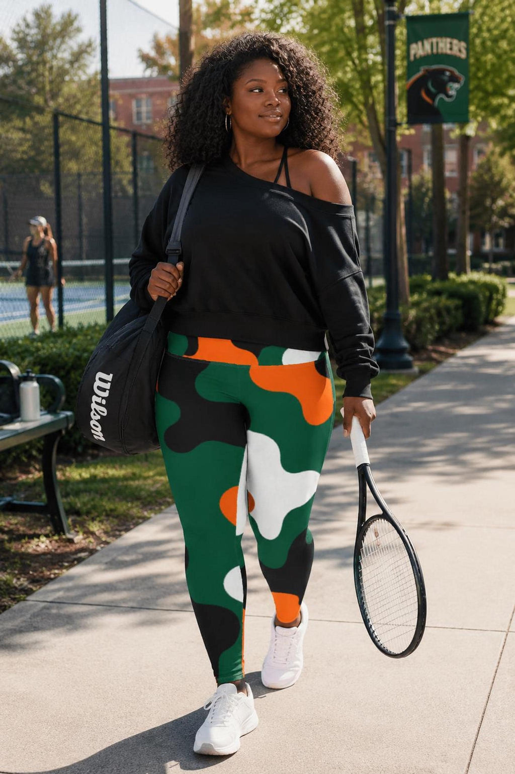Coco Camo Game Day Curvy Leggings — Green | Four-Way Stretch Curvy Size Activewear, Tailgate Outfit