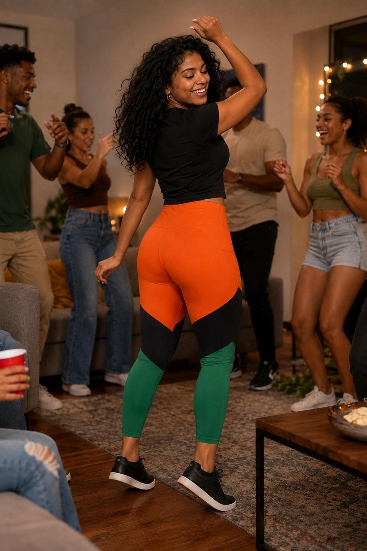 Coolkid Showtime Pocket Leggings, High-Waist Capri Activewear | Orange, Black And Green Color Block