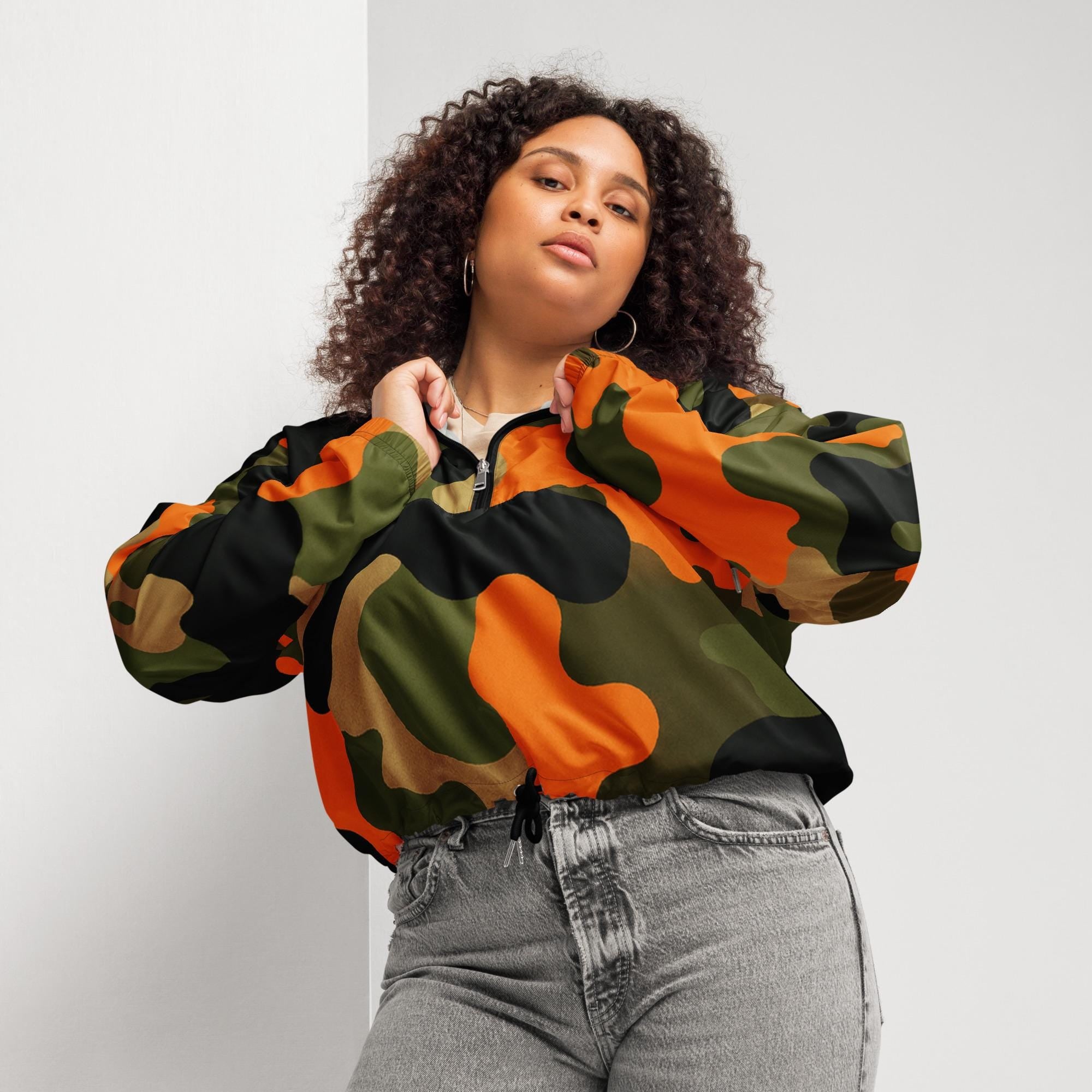 CoolKid Camo Windbreaker, Orange Green Black Print, Water-Resistant 100% Polyester | XS–3XL