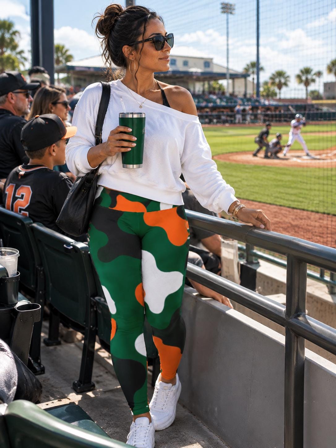 Coco Camo Game Day Curvy Leggings — Green | Four-Way Stretch Curvy Size Activewear, Tailgate Outfit