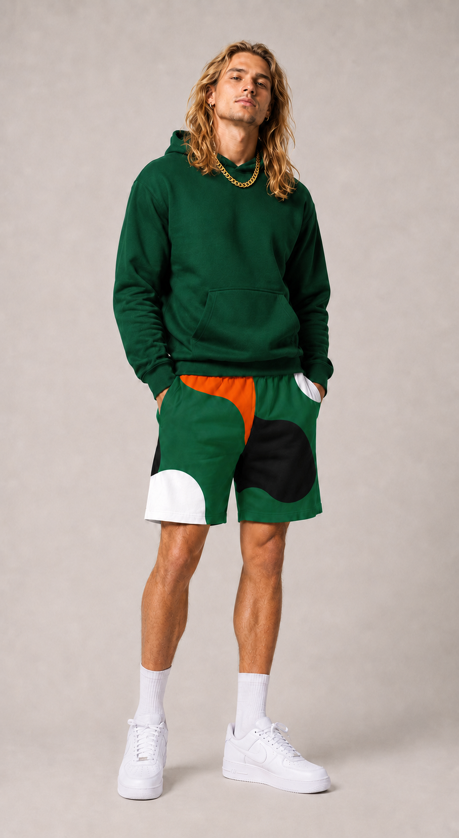 Green Orange Abstract Shorts – front view