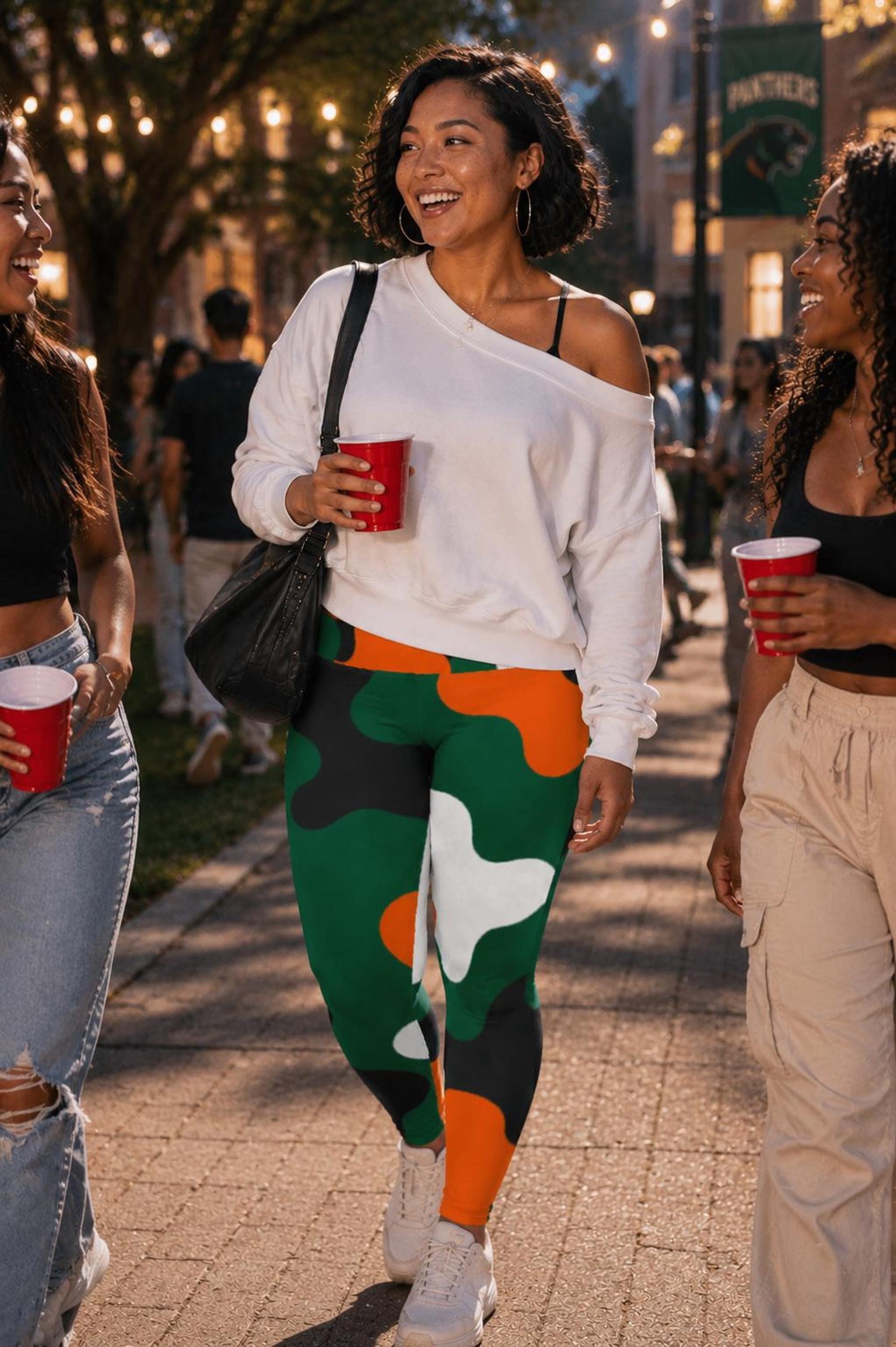 Coco Camo Game Day Curvy Leggings — Green | Four-Way Stretch Curvy Size Activewear, Tailgate Outfit
