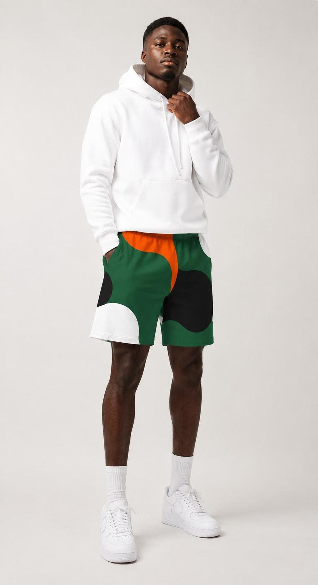 Green Orange Shorts, Abstract 95% Cotton Stretch Unisex Streetwear