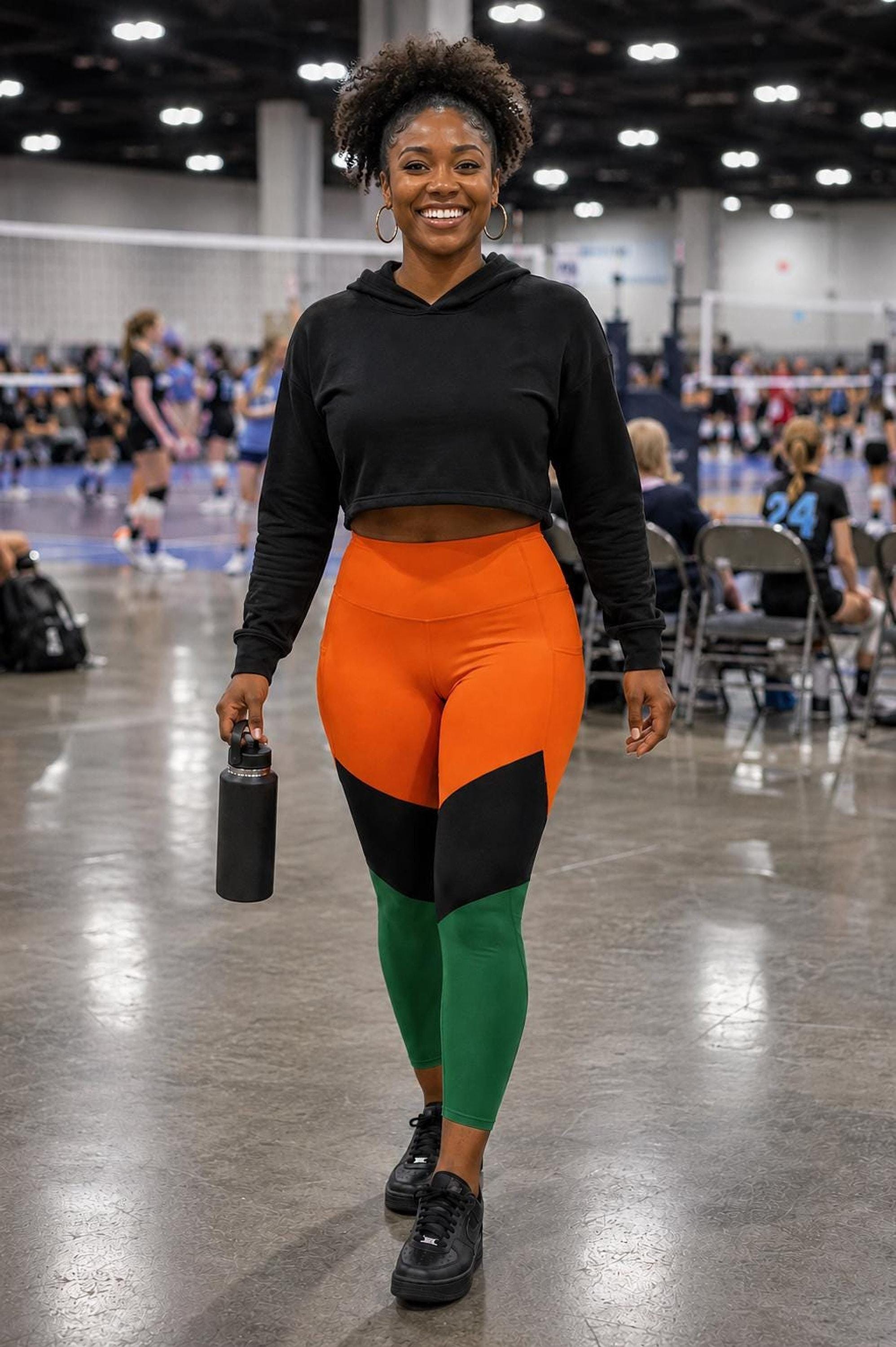 Coolkid Showtime Pocket Leggings, High-Waist Capri Activewear | Orange, Black And Green Color Block