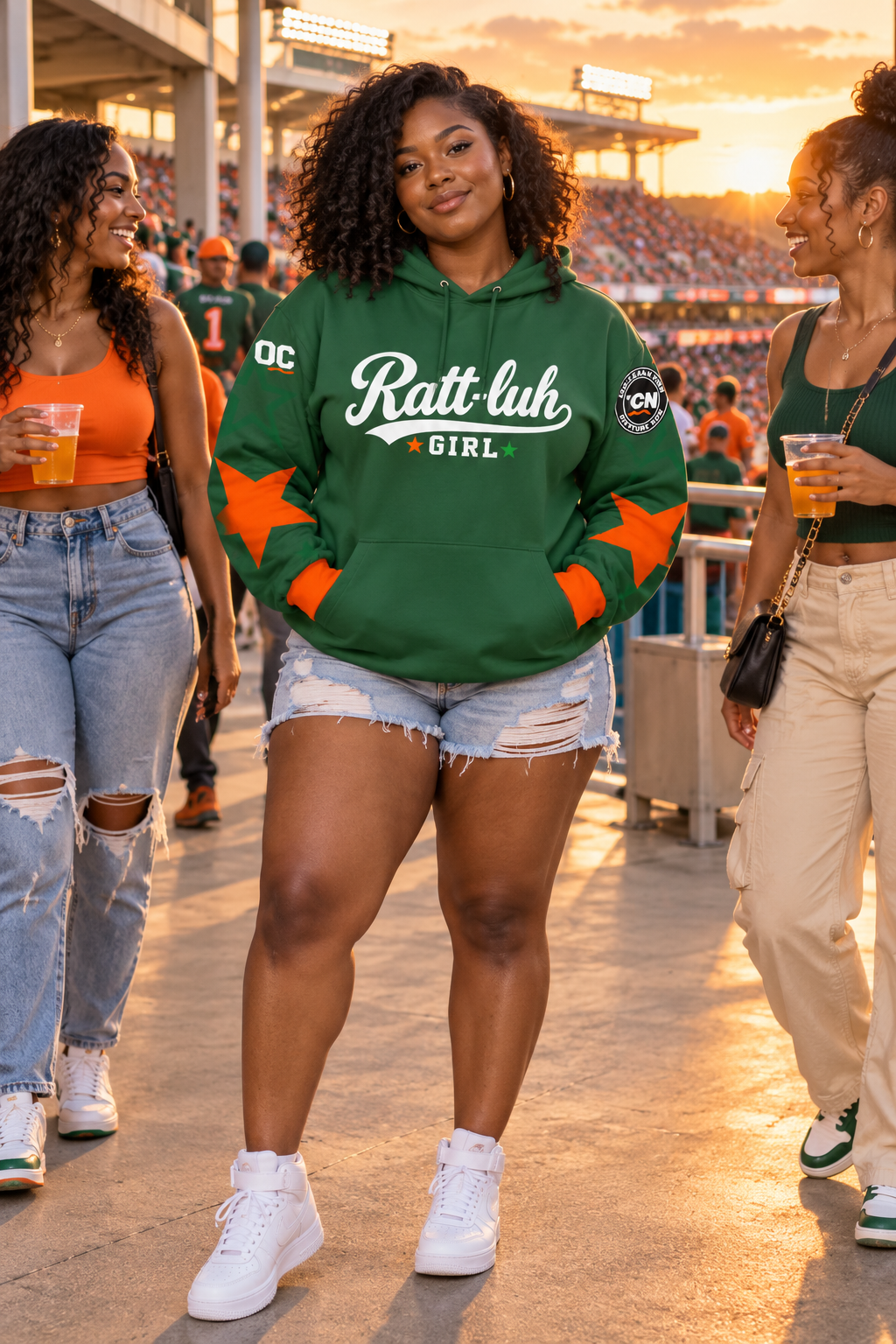 Ratt-Luh Girl™ Green Star Hoodie | Orange Star Sleeves | Ocean Firm