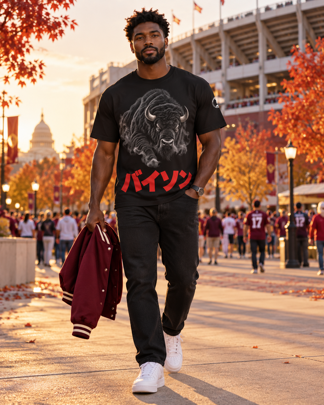 A man walking outdoors in front of a stadium at sunset, wearing a black graphic T-shirt with a bison illustration and red Japanese text, black pants, white sneakers, and holding a burgundy varsity jacket.