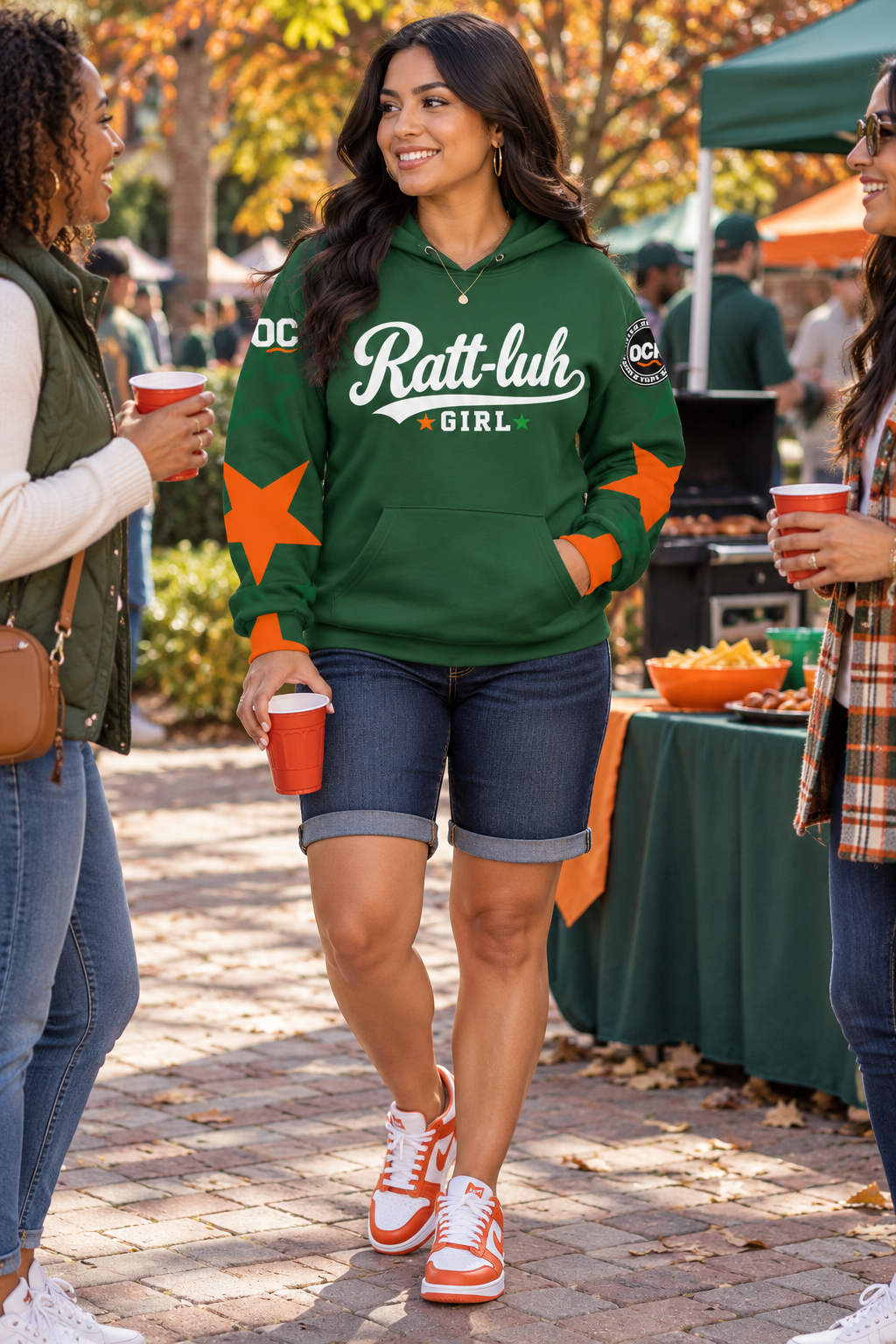 Ratt-Luh Girl™ Green Star Hoodie | Orange Star Sleeves | Ocean Firm