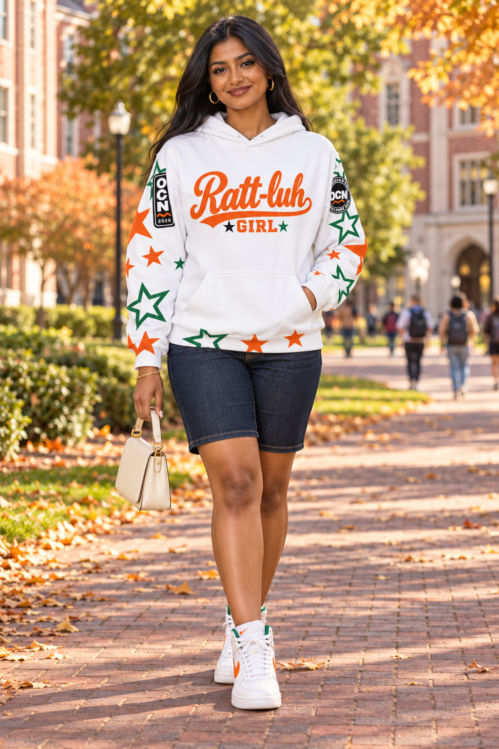 Ratt‑Luh Girl  White Star Hoodie | Orange & Green