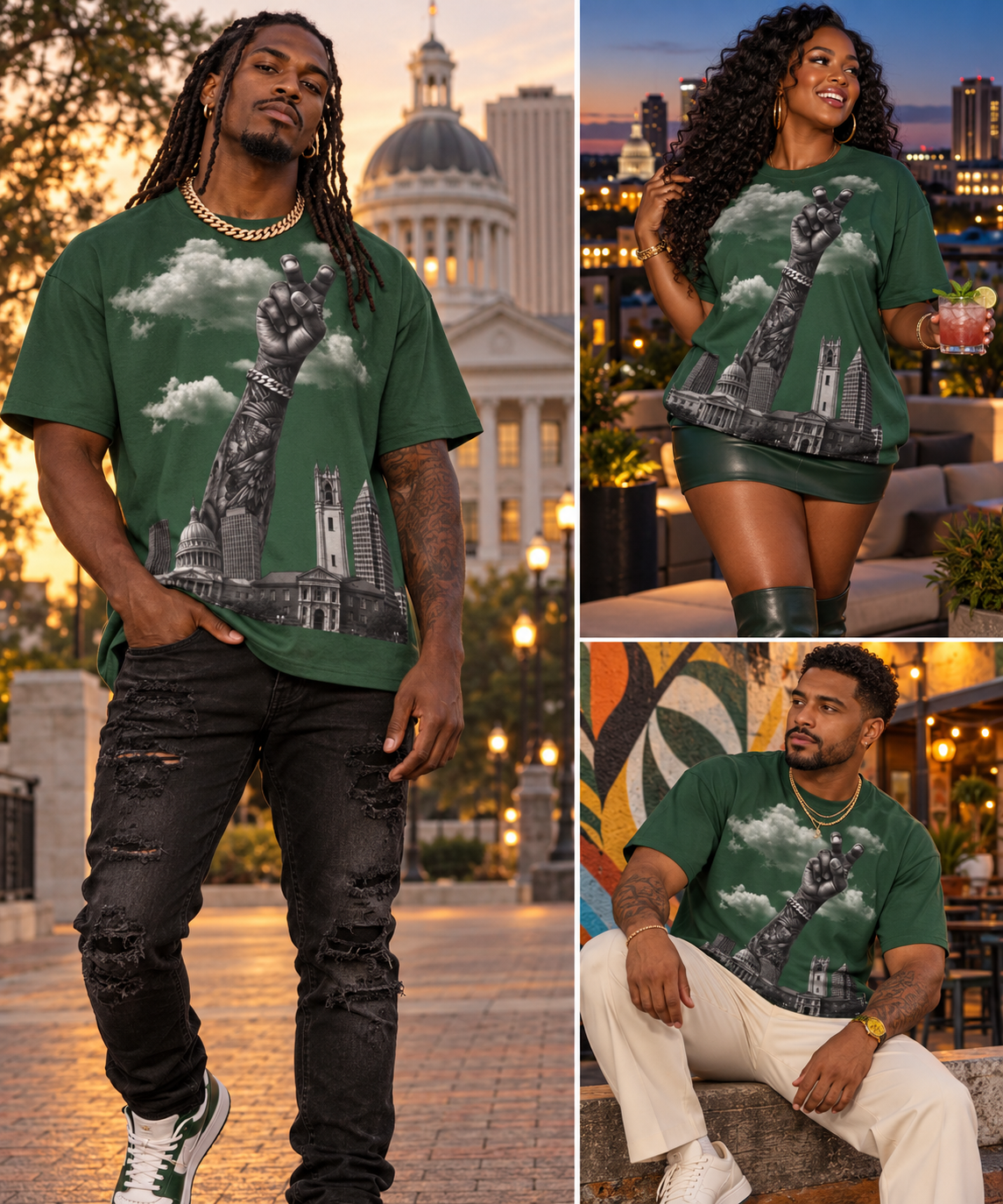 A three-panel collage showing a man and a woman wearing matching forest green graphic t-shirts with a black and white raised fist and skyscraper print, styled in outdoor urban and lounge settings.