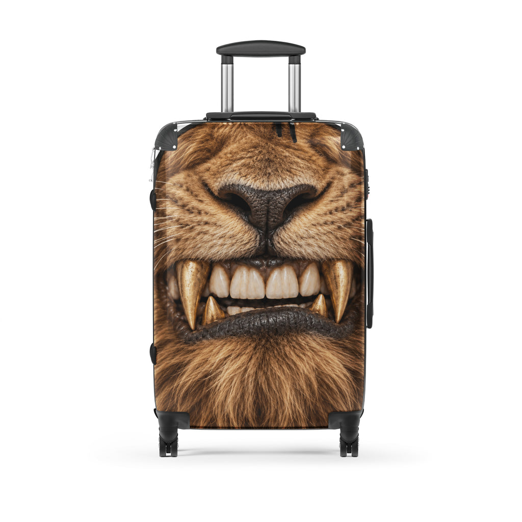 A hard-shell rolling suitcase with an all-over lion face print, featuring a realistic open mouth with sharp fangs, shown on a clean white background.