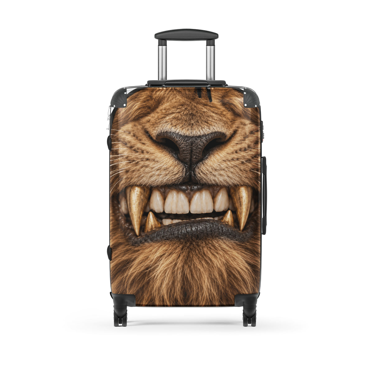 A hard-shell rolling suitcase with an all-over lion face print, featuring a realistic open mouth with sharp fangs, shown on a clean white background.